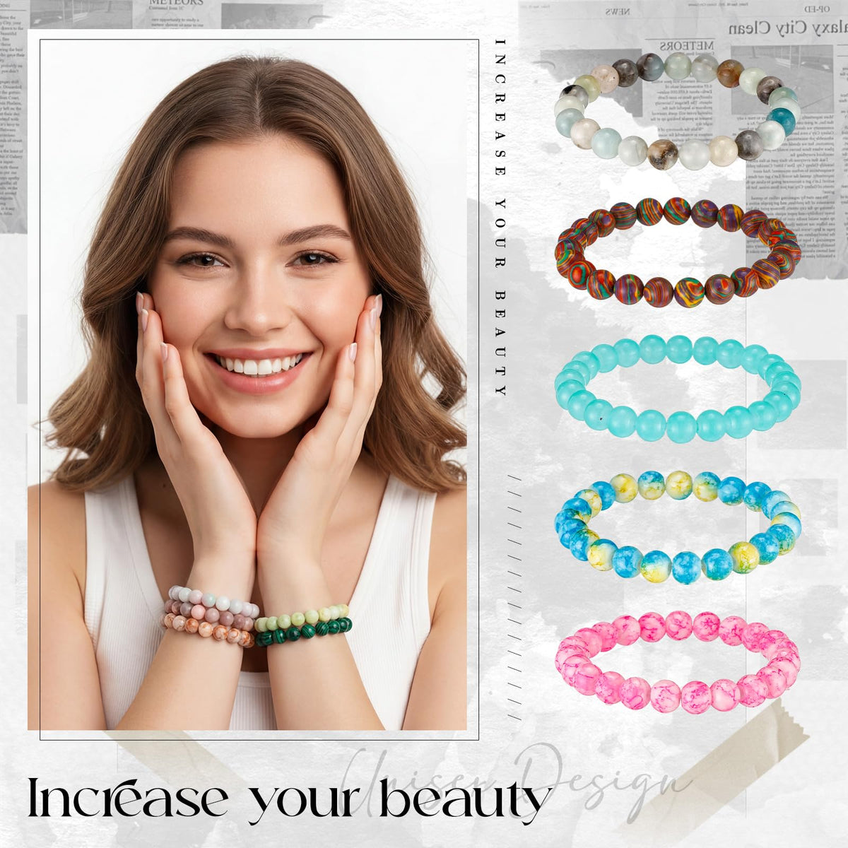 Landical 48 Pcs 8mm Round Beaded Bracelets for Women Men Semi Precious Gemstones Bracelets Crystal Stone Bracelet for Unisex