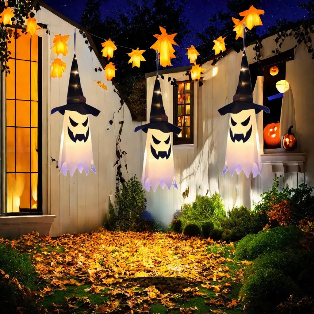 31.5" (3Pcs) Halloween Decorations Outdoor Indoor Hanging Ghosts Witch Hat, Glowing Witch Hat Halloween Ghost Decor for Room,Yard,Garden,Tree,Eaves,Party