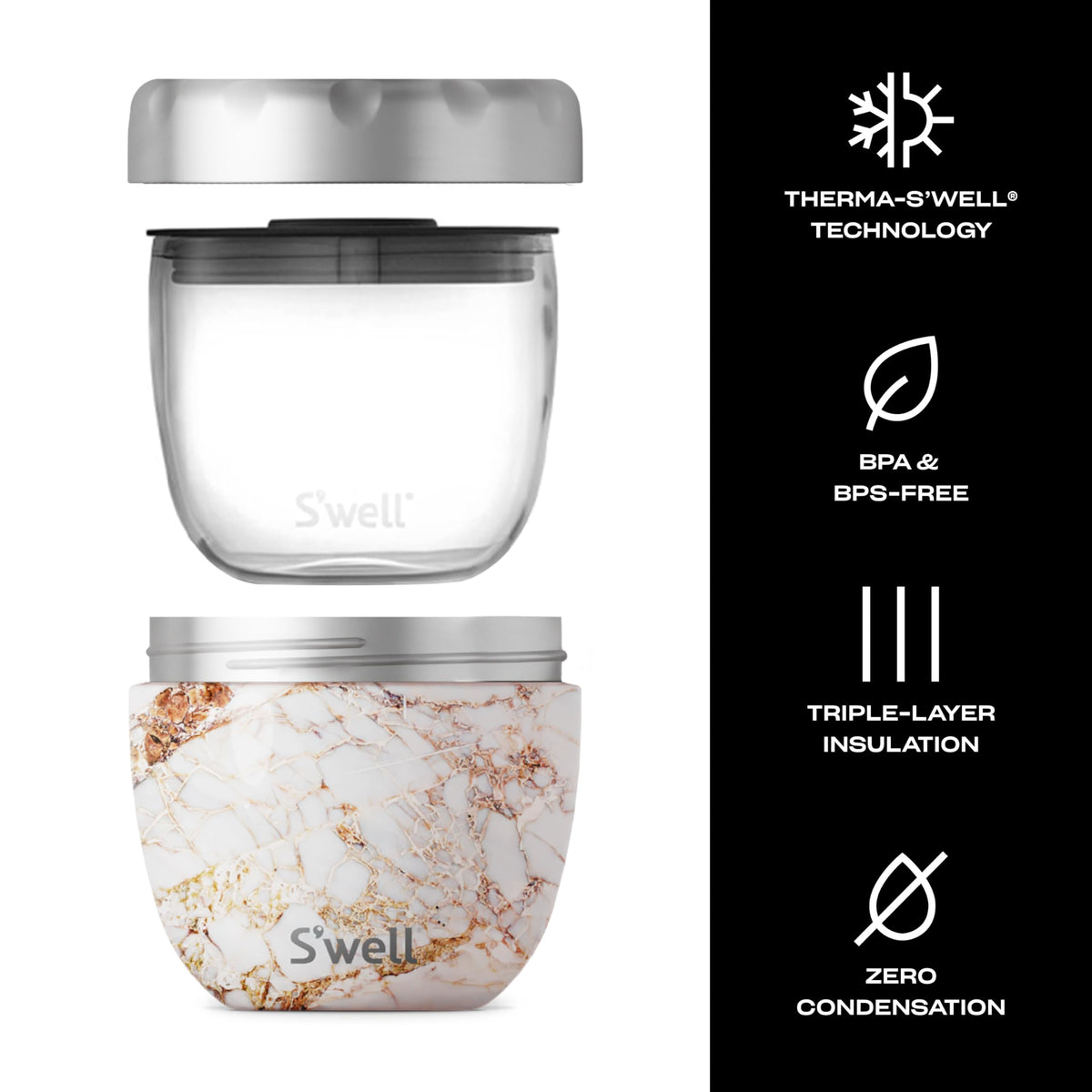 S'well Eats 2-in-1 Nesting Bowls Triple-Layered Vacuum-Insulated Containers Keeps Food and Drinks Cold for 11 Hours and Hot for 7-with No Condensation-BPA Free, 21.5 oz, Calacatta Gold