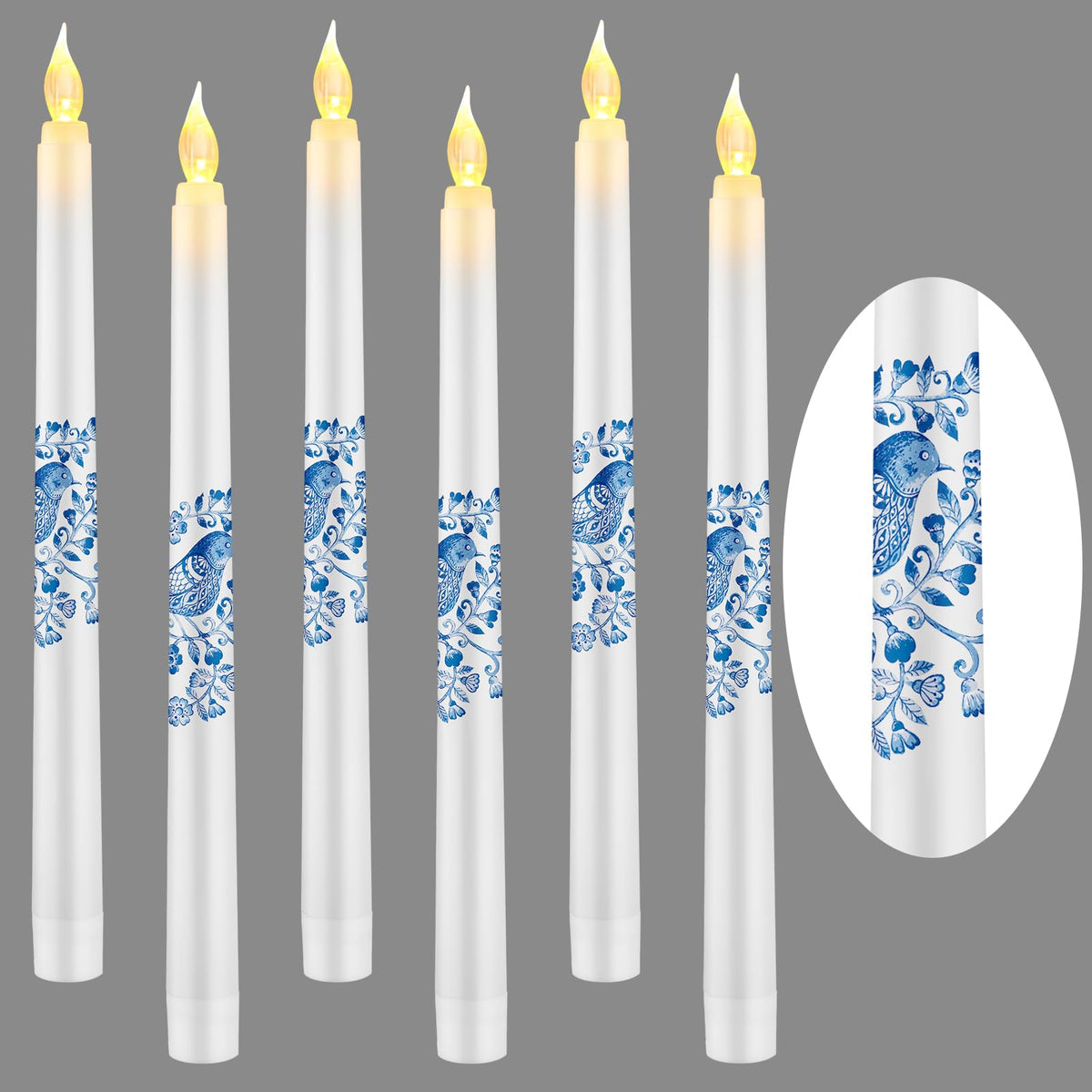 Conelist 6 Pcs Chinoiserie Flameless Candles 10 Inch Blue and White Candles Battery Operated LED Candlesticks Chinoiserie Decor for Wedding Table Centerpiece Home Party Decor Gifts