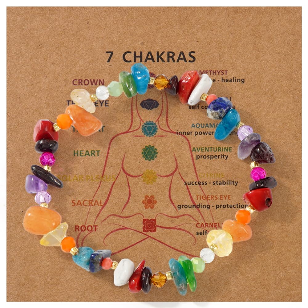 Ustome Colorful Healing Chip Crushed Crystal Inspirational Seven Chakras Beaded Bracelets for Women,Relaxation Energy Inner Peace Stretchy Jewelry,Daily Vacation FriendShip Gifts
