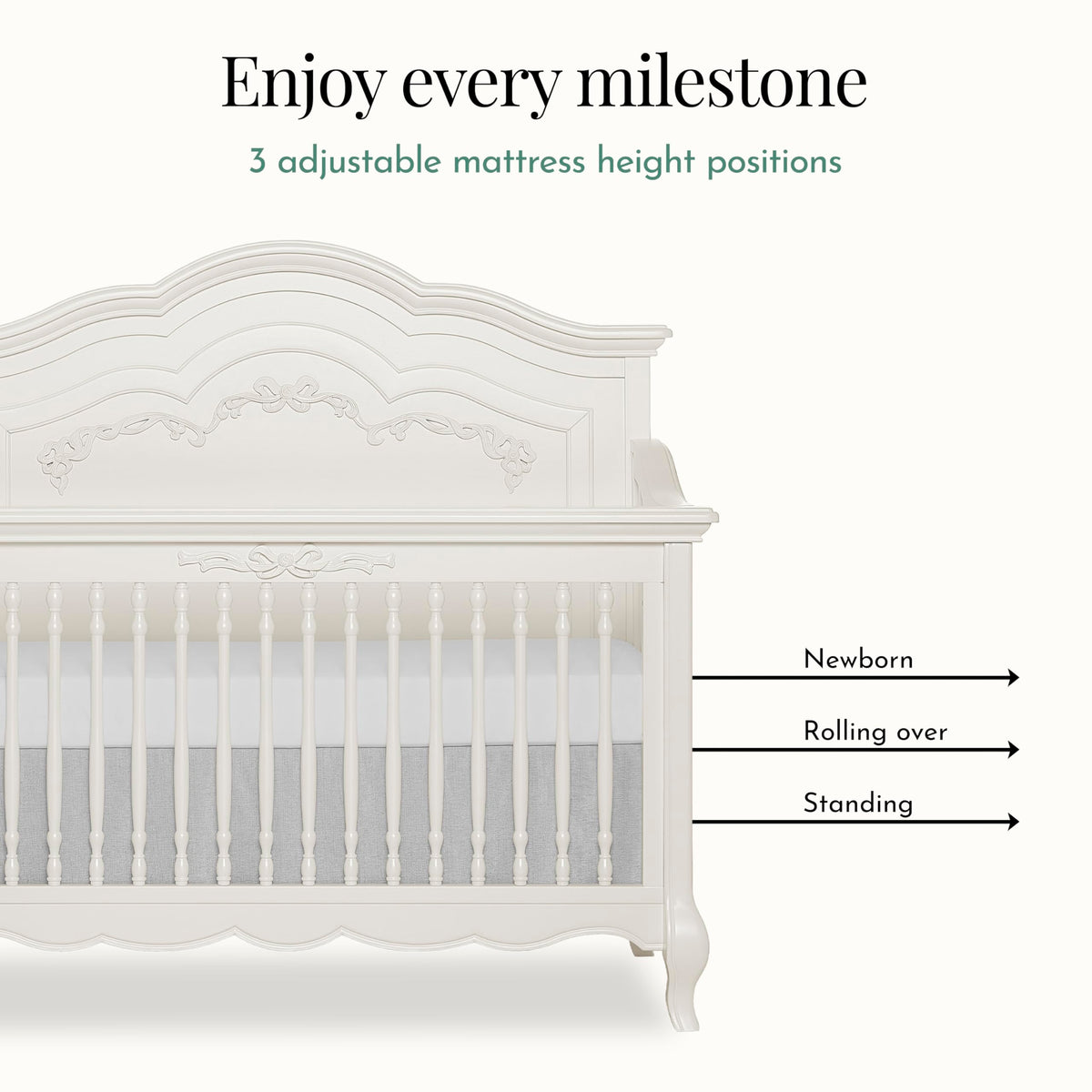 Evolur Aurora 5-in-1 Convertible Full-Size Baby Crib in Ivory Lace, GreenGuard Gold & JPMA, 3 Mattress HeightsRibbon Bow Scrollwork & Queen Anne Feet, Converts to Toddler, Day & Full-Size Bed