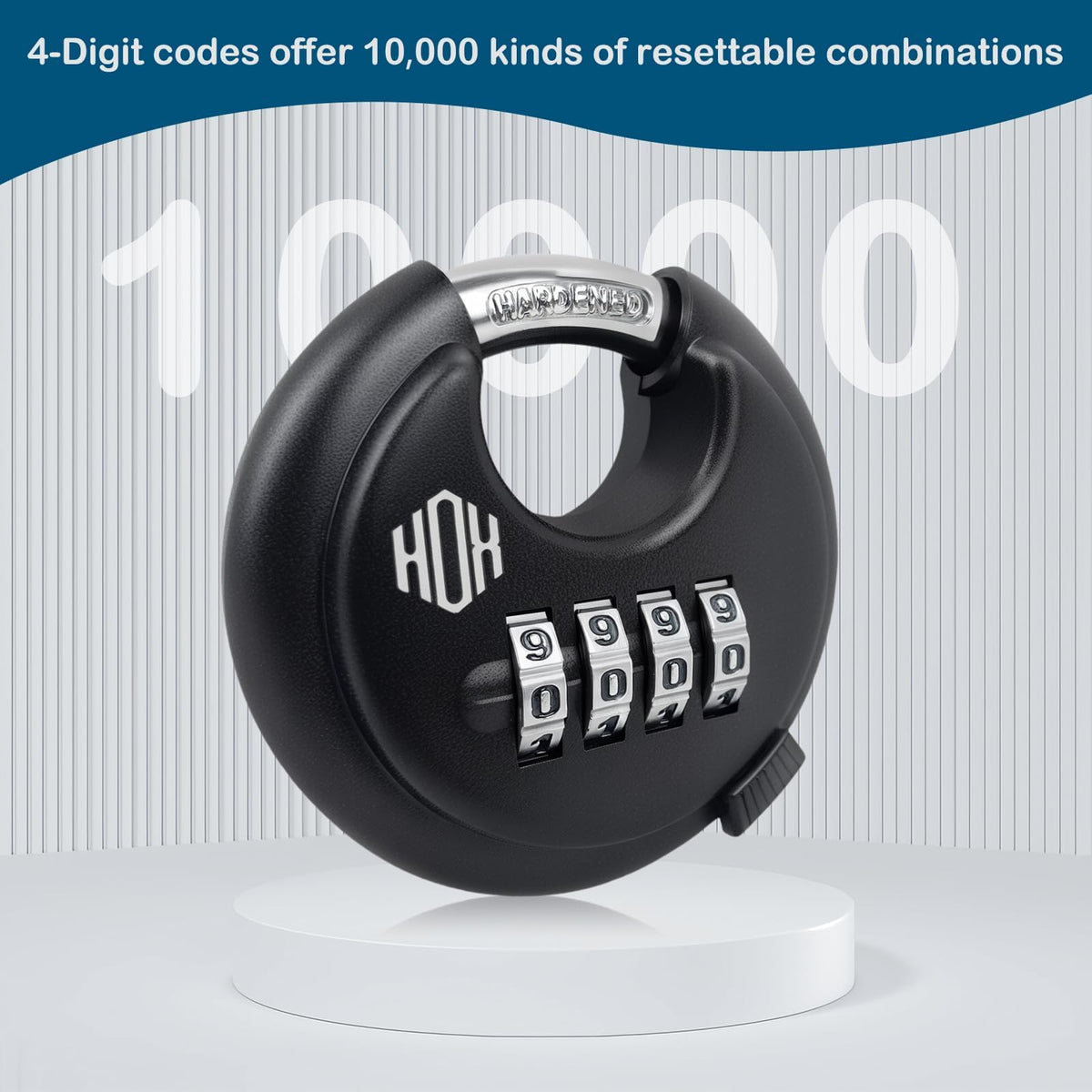 HOX Combination Lock, 4 Digit Disc Padlock with 3/8 Inch Hardened Steel Shackle, 2-3/4 Inch Zinc Alloy Wide Body, Keyless Heavy Duty Combo Lock for Hasp Latch, Sheds, Fences, Storage Locker (4 Pack)