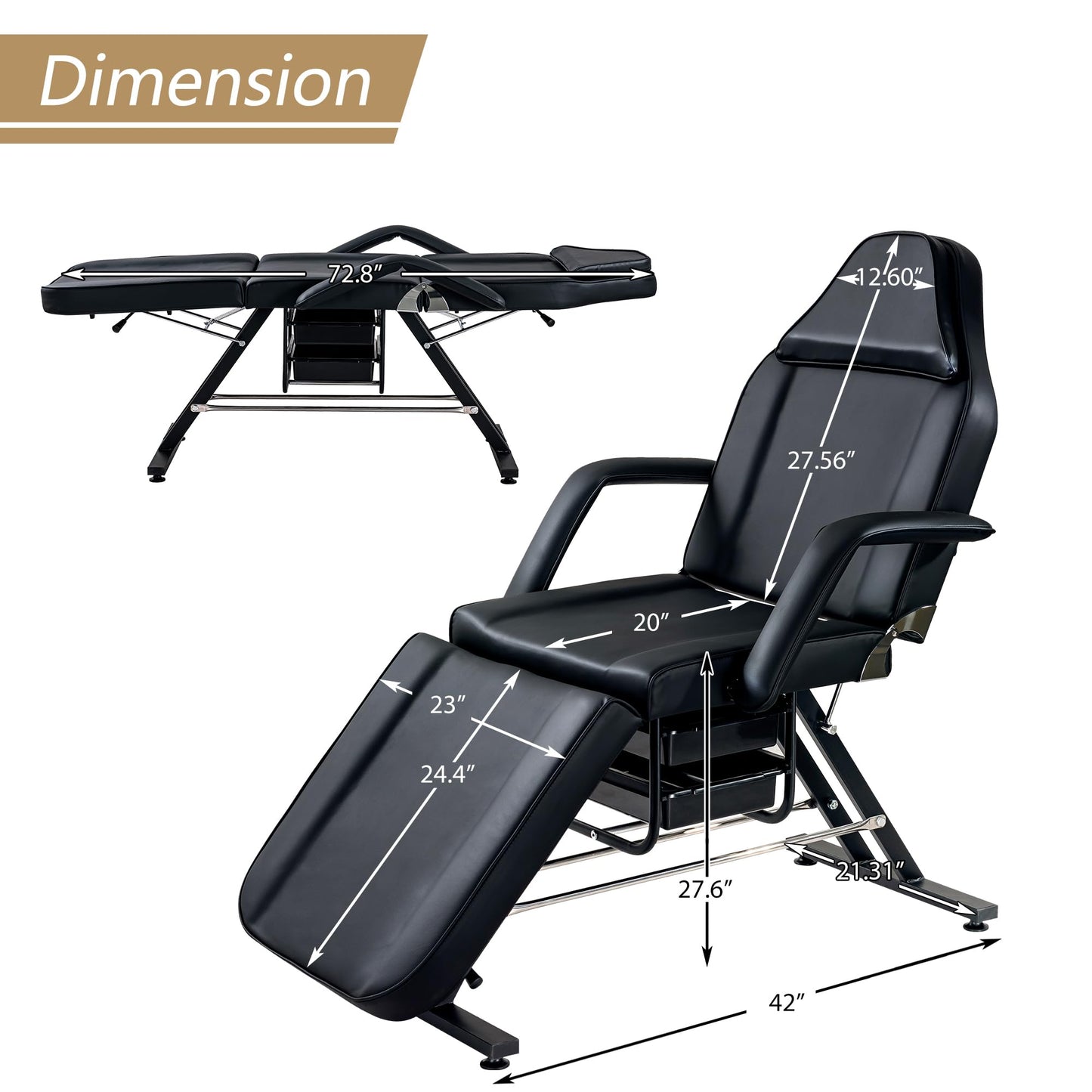 Massage Salon Tattoo Chair with Two Trays Esthetician Bed with Hydraulic Stool,Multi-Purpose 3-Section Facial Bed Table, Adjustable Beauty Barber Spa Beauty Equipment (Black)