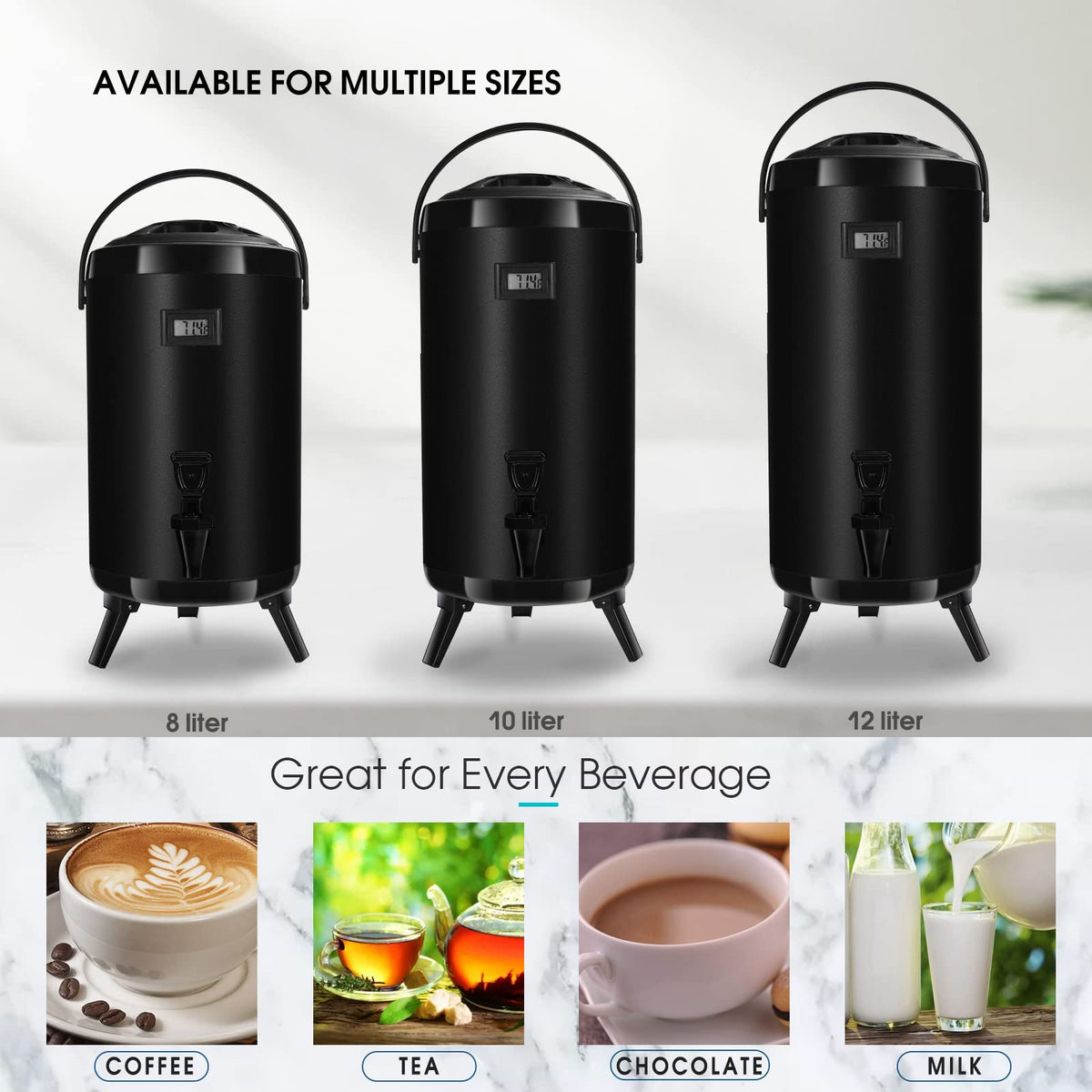 VorChef Hot Beverage Dispenser, Stainless Steel Insulated Beverage Dispenser Cold and Hot Drink dispenser with Thermometer–3.2-Gallons 12 Liters Water Dispenser with Spigot for Tea & Coffee, Water