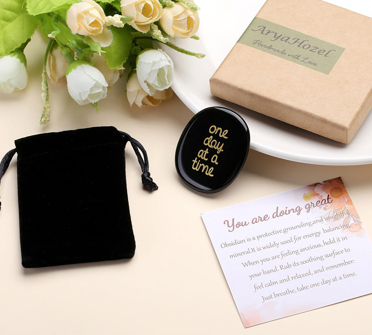 QINJIEJIE One Day at A Time Black Obsidian Worry stone Healing Crystal Thumb Stone Thinking of You Gifts for Anxiety Relief Items You Got This Inspirational for Friend Encouragement Gift for Women Men