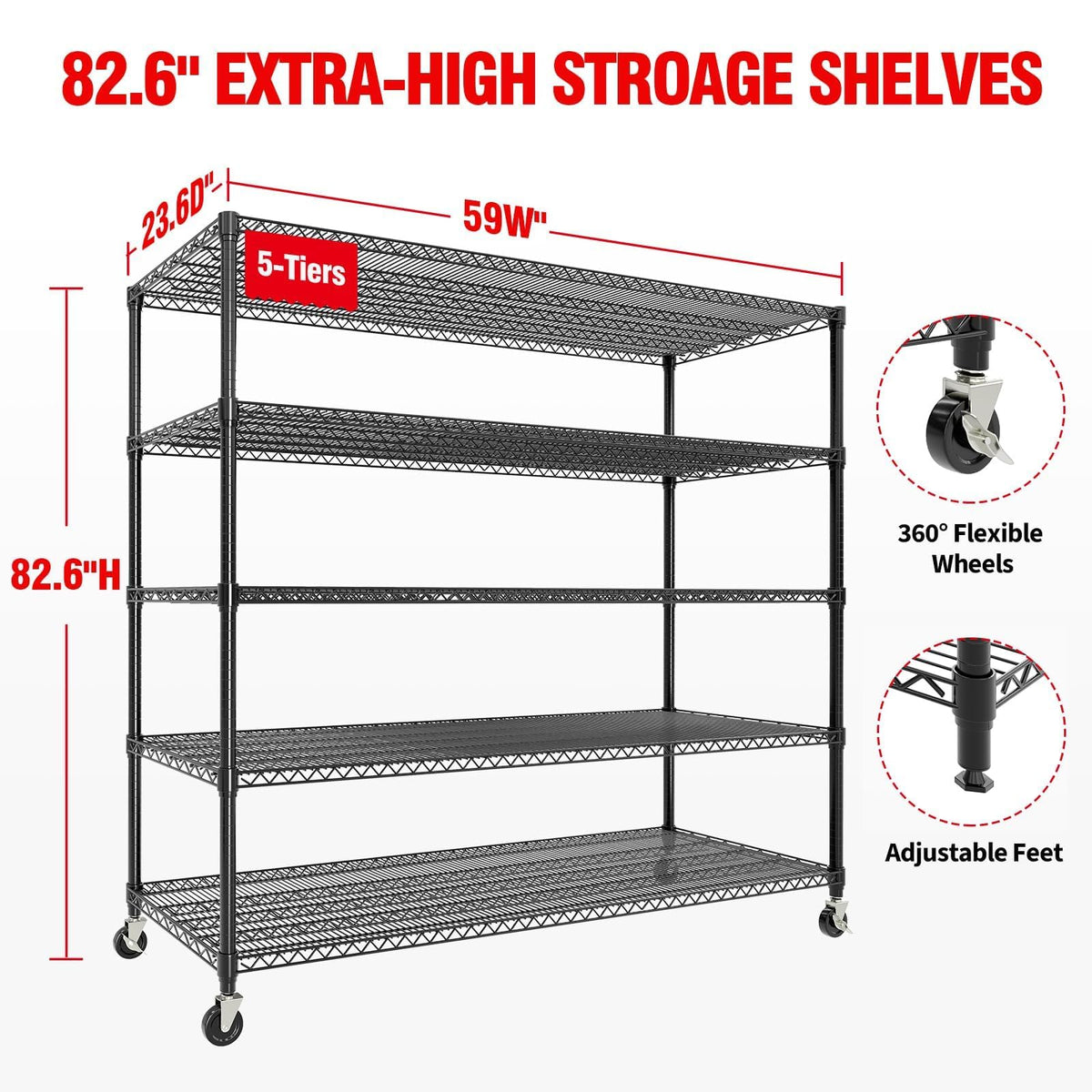 ActiveTrail 82.6" H x 59" W Storage Rack with Wheels, 5-Tier Heavy-Duty Wire Shelving Unit, Adjustable Shelves, Supports up to 3300 LBS, Ideal for Garage, Kitchen, Pantry, and Home Organization