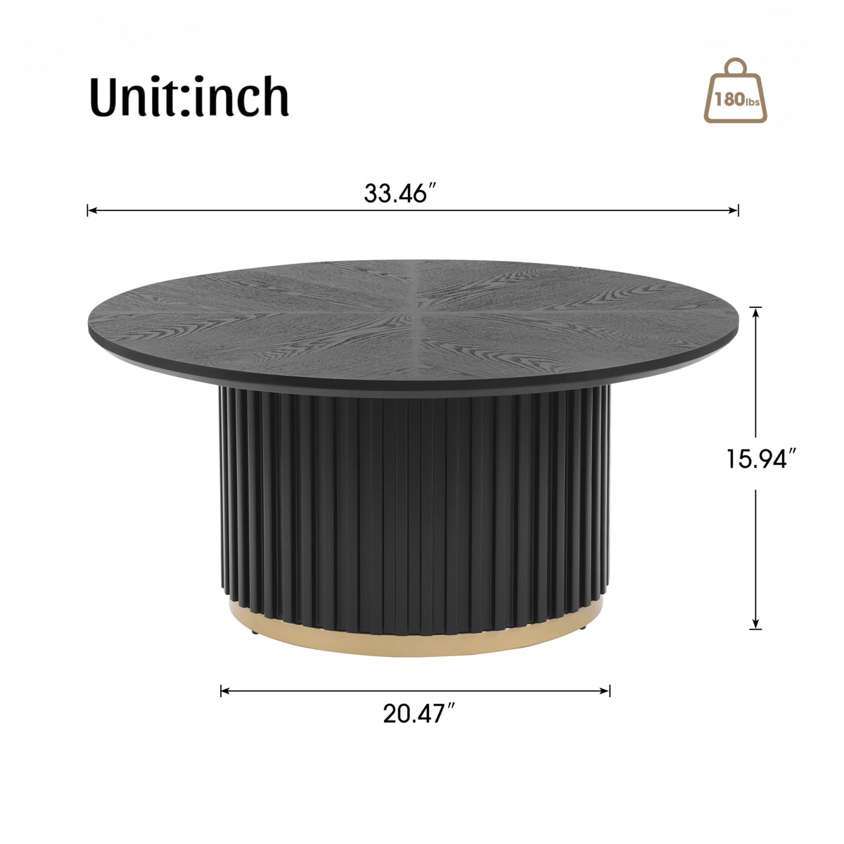 Christopher Knight Home Modern Round Coffee Table 33.46" Fluted Pedestal Base Sculptural Accent Table with Ash Veneer Top and Gold Metal Detail for Living Room Lounge and Minimalist Interiors, Black