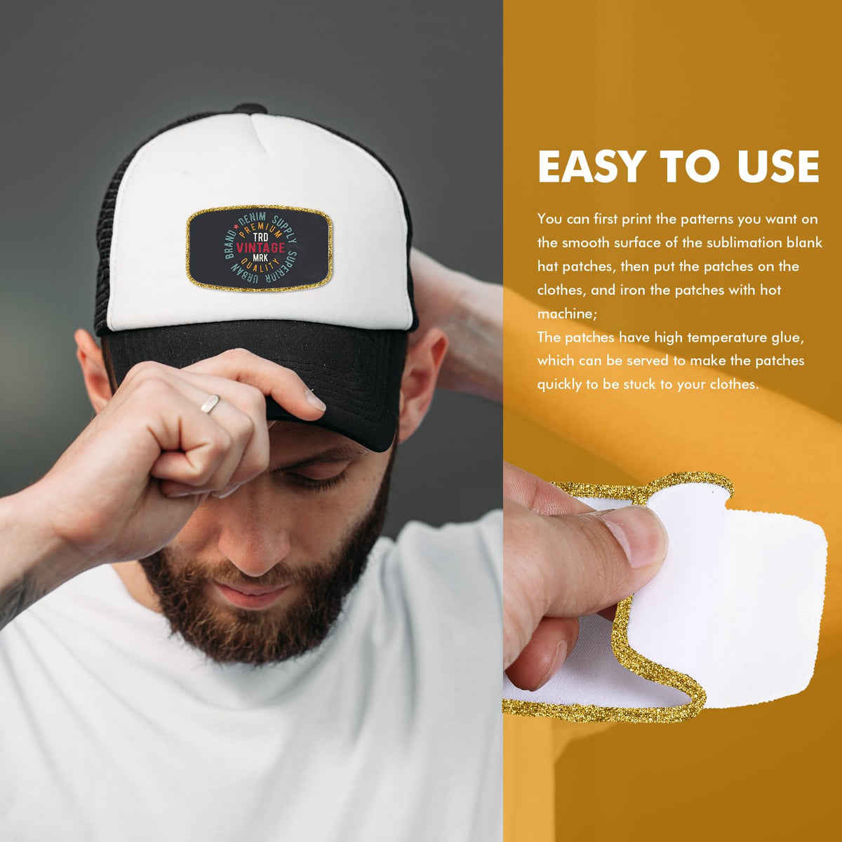 30 Pieces Sublimation Patches Fabric Iron-on Blank Patches 3 Shapes Repair Embroidery Sublimation Blank Hat Embroidery for DIY Crafts, Caps Clothes Shoes Bags Backpacks Uniforms(Gold Frame)
