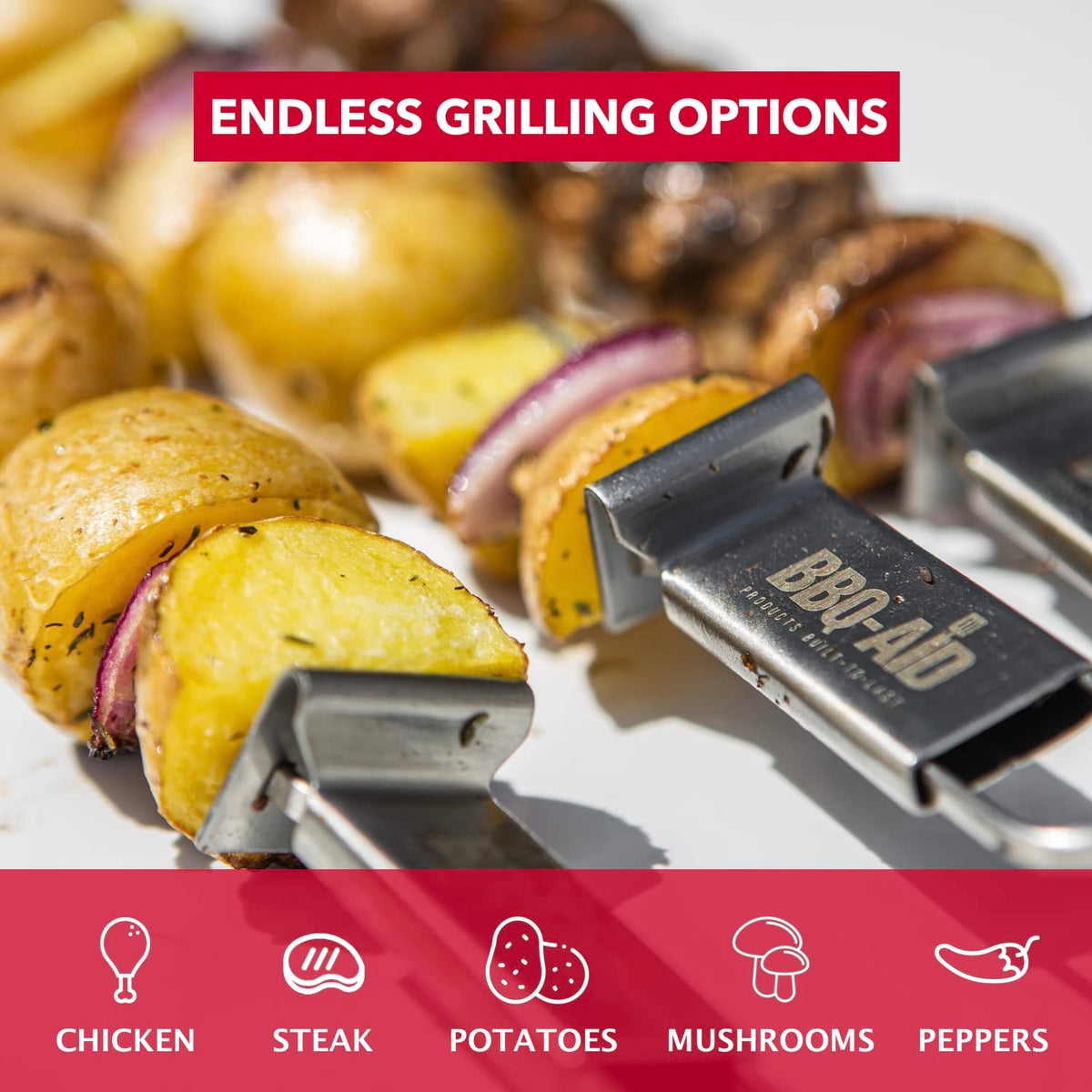 BBQ-AID Premium Barbecue Metal Skewers for Kabobs with Quick Release - Double Pronged, Stainless Steel Metal Skewer for Grilling - Shish Kabob Sticks, Veggies & More