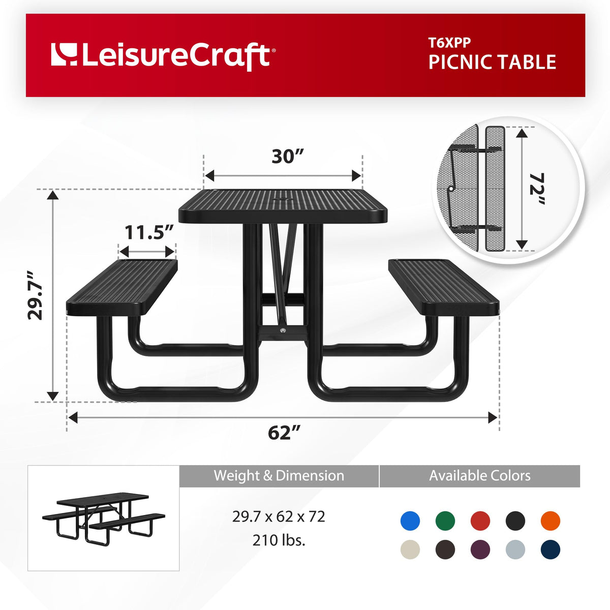 Leisure Craft Metal Picnic Table with Bench - 6 ft Rectangle Outdoor Dining Table for 6, Umbrella Hole, Weatherproof Heavy Duty Thermoplastic Coating, Commercial Grade Furniture Made in USA - Black