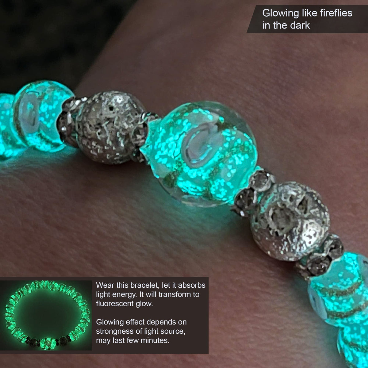 ARTSY Crafts Glow in the Dark Firefly Beads Bracelet for Women, Luminous Glass Beads Healing Crystal Glowing Beaded Bracelets, Mermaid Bracelet, Stretch Stackable Bangle Wristband (White)