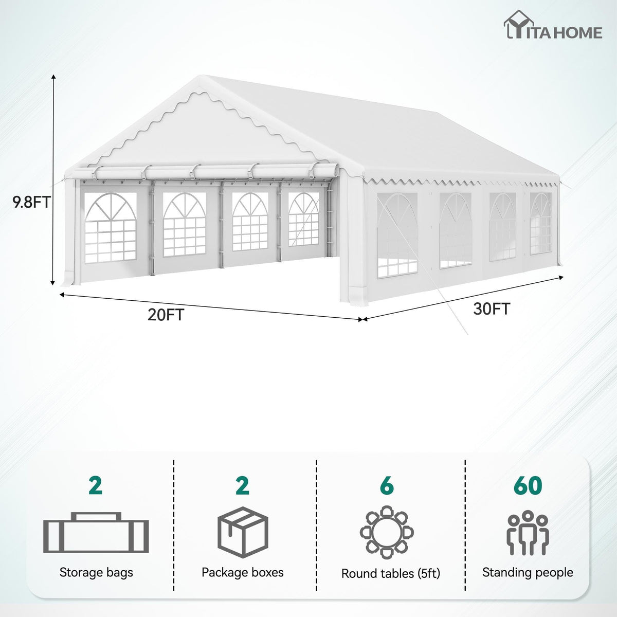 YITAHOME 20x30FT Party PVC White Tent Heavy Duty Wedding Event Shelters Upgraded Galvanized Ripple Canopy with Large Roof Removable Sidewalls & 2 Storage Bags 600D Oxford for Outdoor Weddings, BBQ