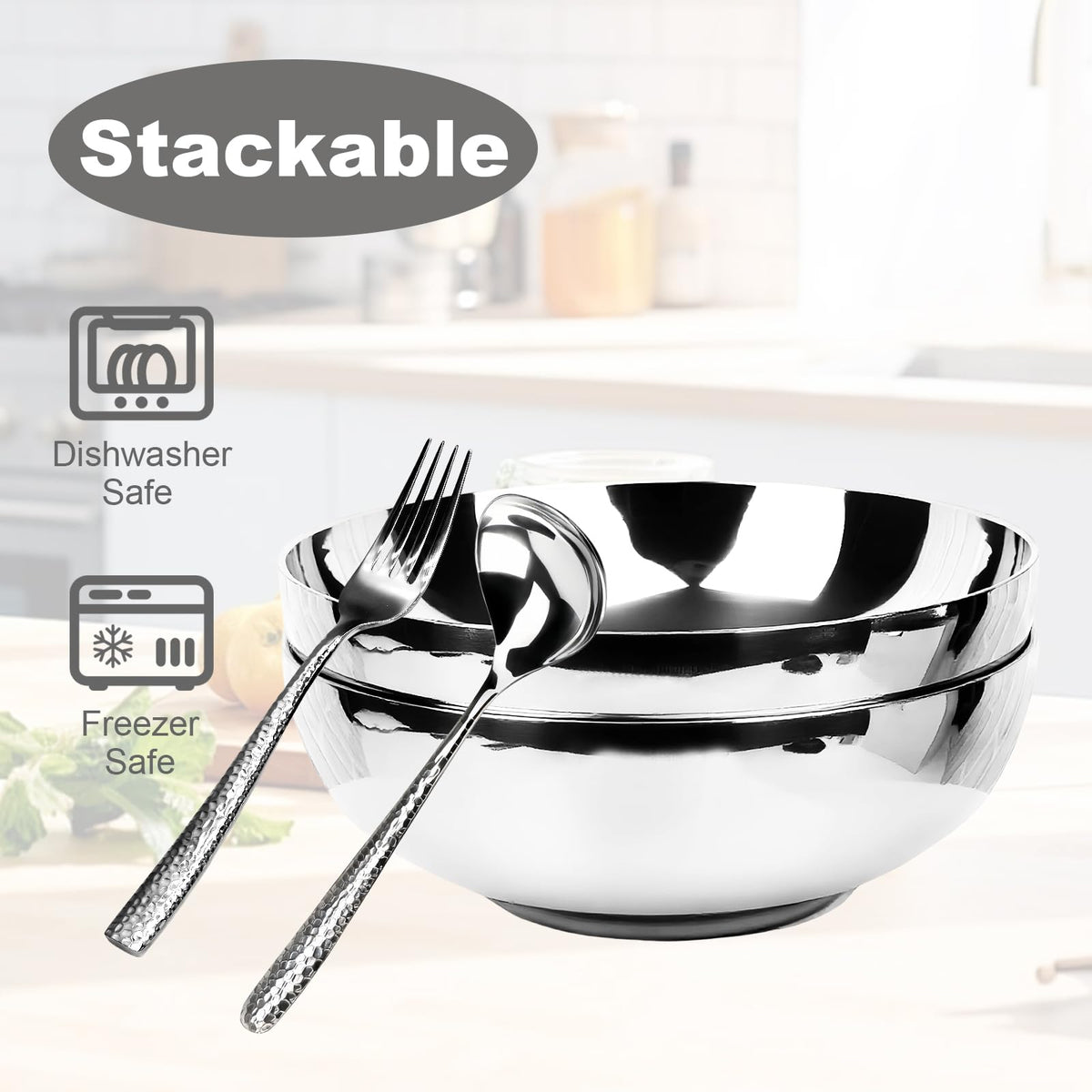 LANGMINGDE 6-Piece 304 Stainless Steel Pasta Bowl Set, 47 Fl Oz (8.7 Inches), Double-Layer Insulated And Heat-Resistant, Salad Bowl, Chilled Bowl, Ice Cream Bowl, Party Sauce Seasoning, Dining Bowl.