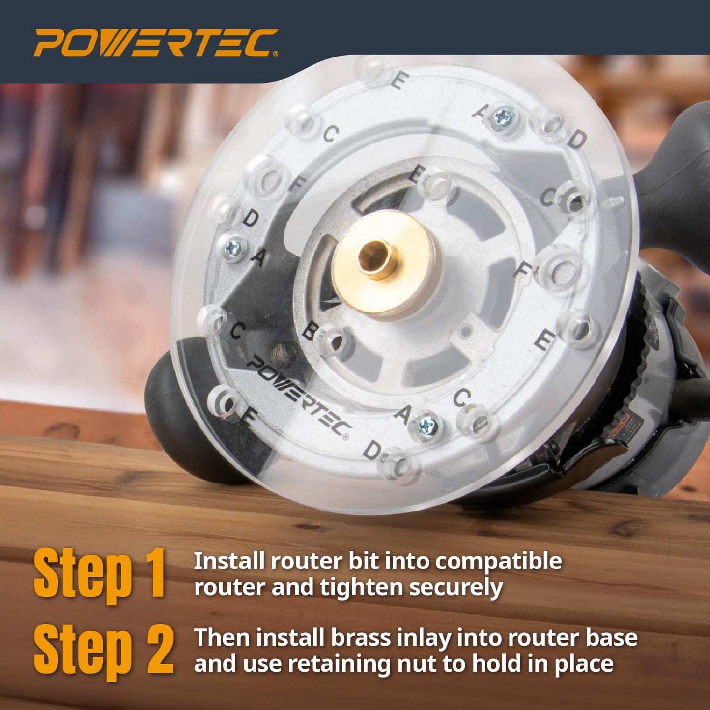 POWERTEC Solid Brass Inlay Kit with 1/8" Downcut Spiral Router Bit 1/4" Shank, Router Bushing Guide, Collar, and Centering Pin - Compatible w/ 1/4" Templates for Woodworking