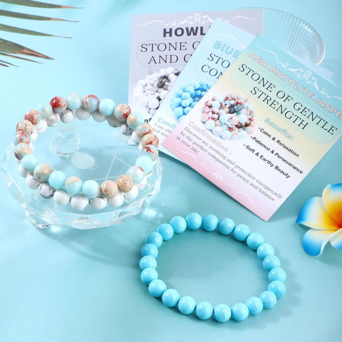 NCB 3-Piece 8mm Natural Crystal Gemstone Stretch Bracelets – ﻿Agalmatolite Jasper, Blue Turquoise, Howlite Handmade Reiki Energy Healing Jewelry for Meditation,Yoga, Unisex