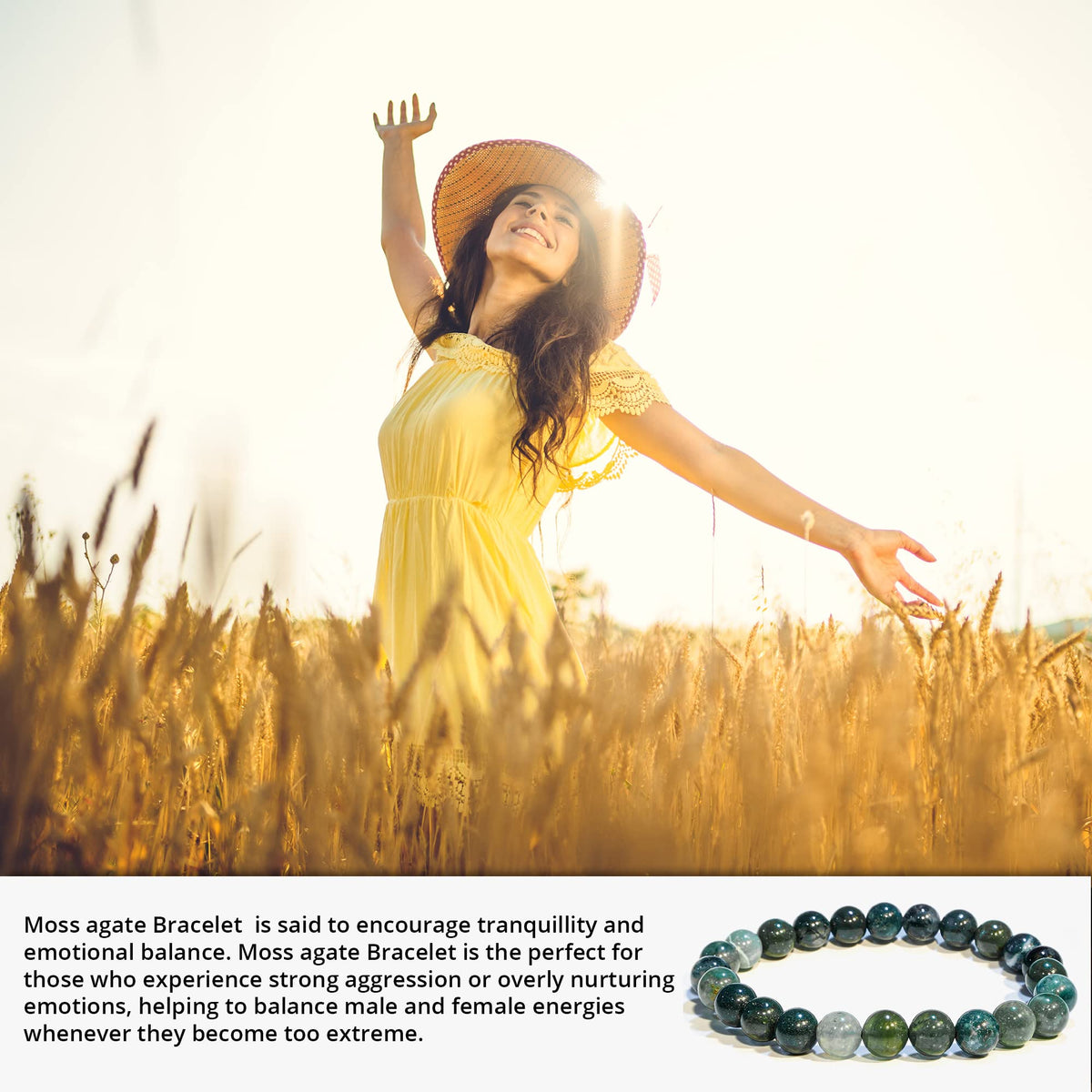 ANAYA AGATE Moss Agate Bracelet, Healing Crystal Bracelet for Women and Men, 8mm Round Beaded Bracelet for Spiritual Healing, Protection, Positive Energy, Elastic Adjustable Size Gemstone Bead Bracelet