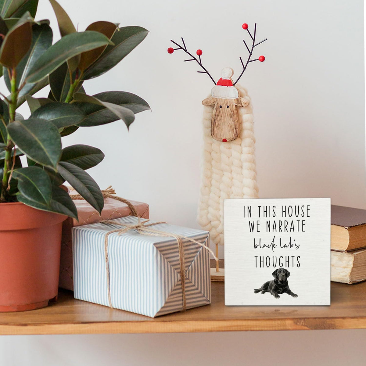 OVAcational Funny Black Labrador Retriever Dog Wooden Box Sign Desk Decor, This House We Narrate the Black Lab's Thoughts Wood Block Sign for Home Office Desk Table Shelf Wall Decorations, 5x5 Inch