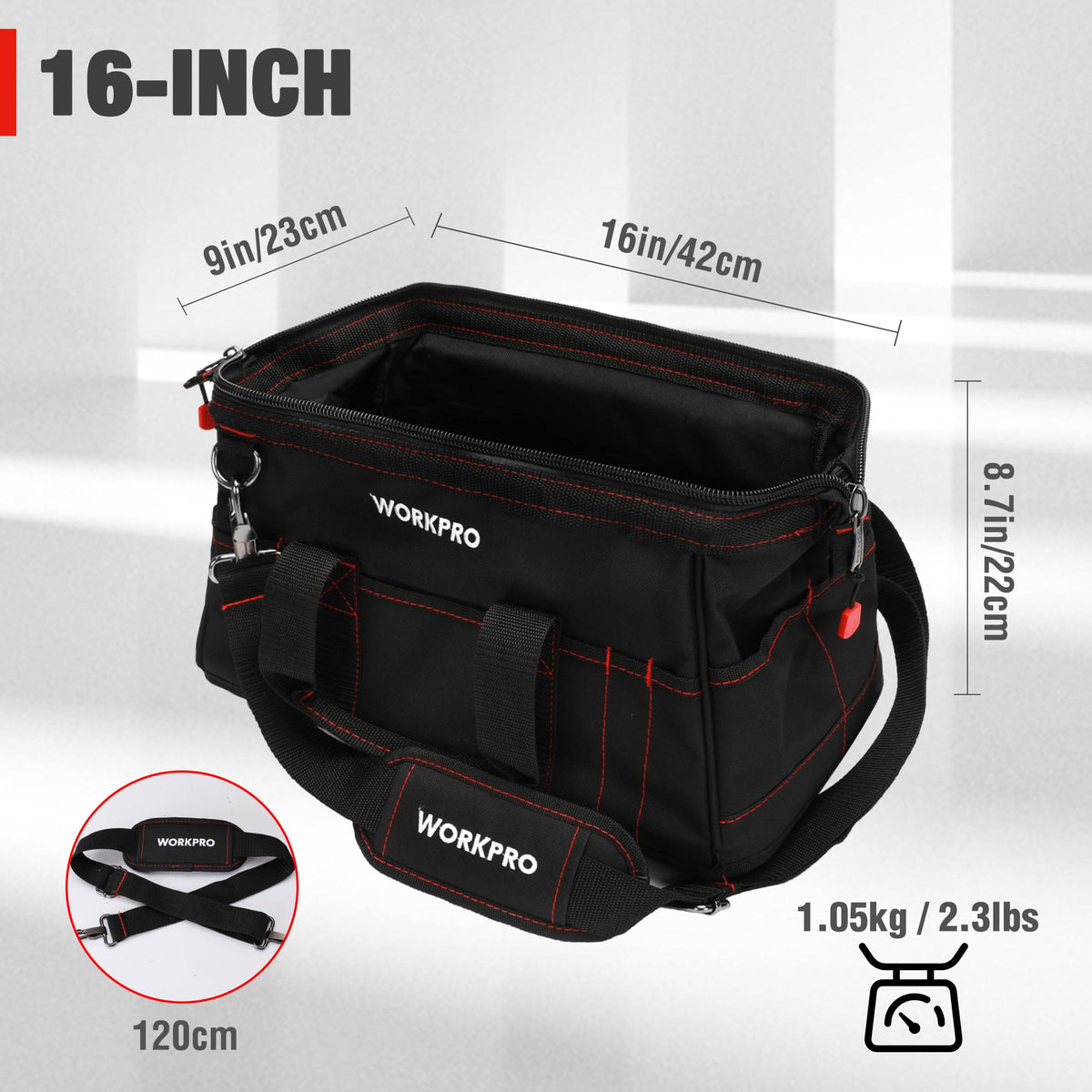 WORKPRO 16-inch Close Top Wide Mouth Tool Storage Bag with Water Proof Rubber Base, W081022A, 16"