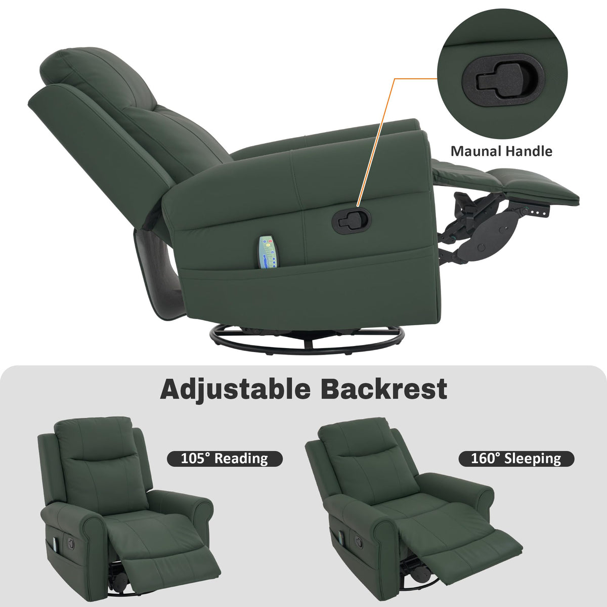 Merax 270°Swivel Rocker Recliner Chair, PU Leather Manual Recliner with Massage and Heating, Dual Reclining Positions and Side Pocket and for Living Room, Bedroom, or Nursery, Green