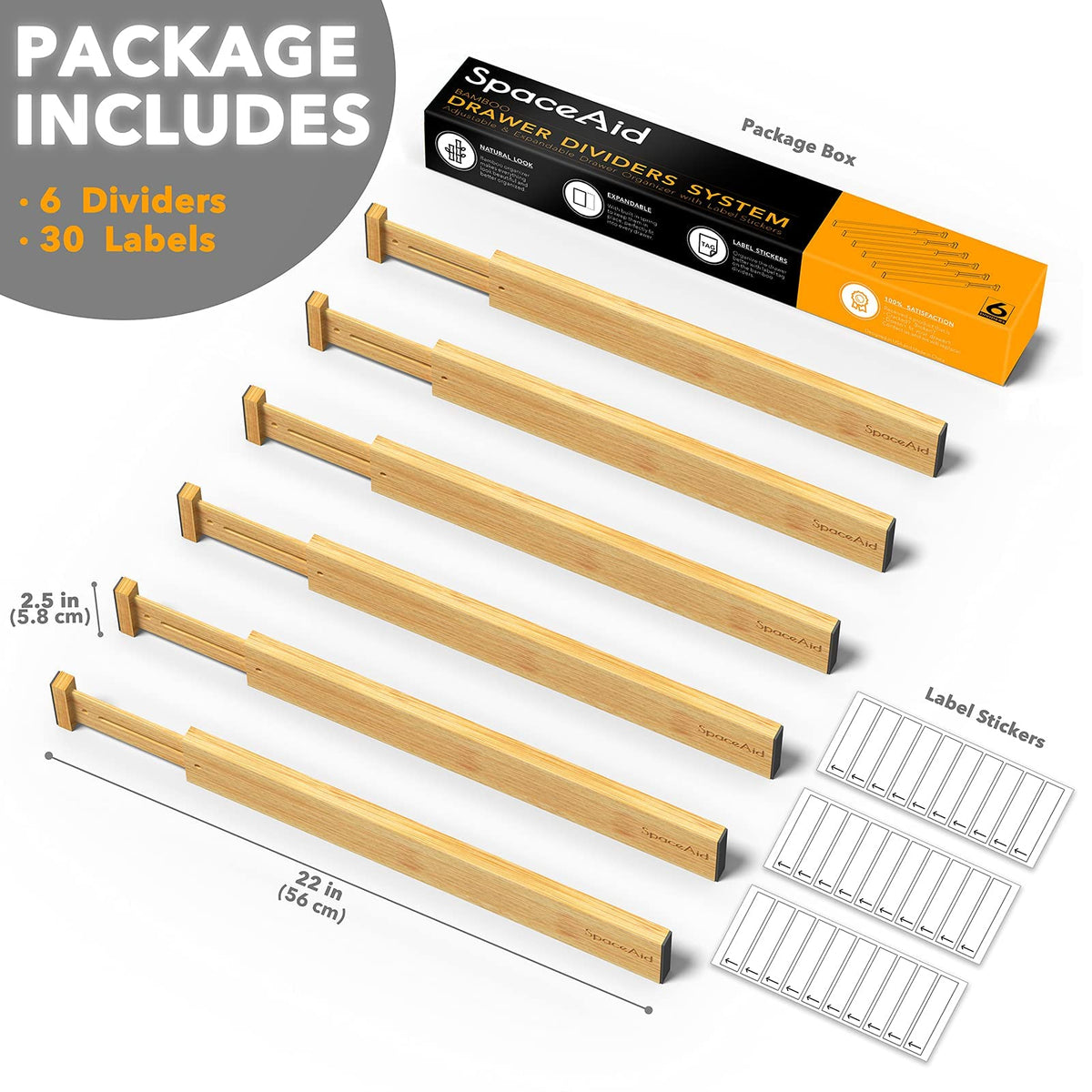 SpaceAid Bamboo Drawer Dividers with Labels, Kitchen Adjustable Drawer Organizers, Expandable Organization for Home, Office, Dressers and Bathroom, 6 Dividers (17-22 in)