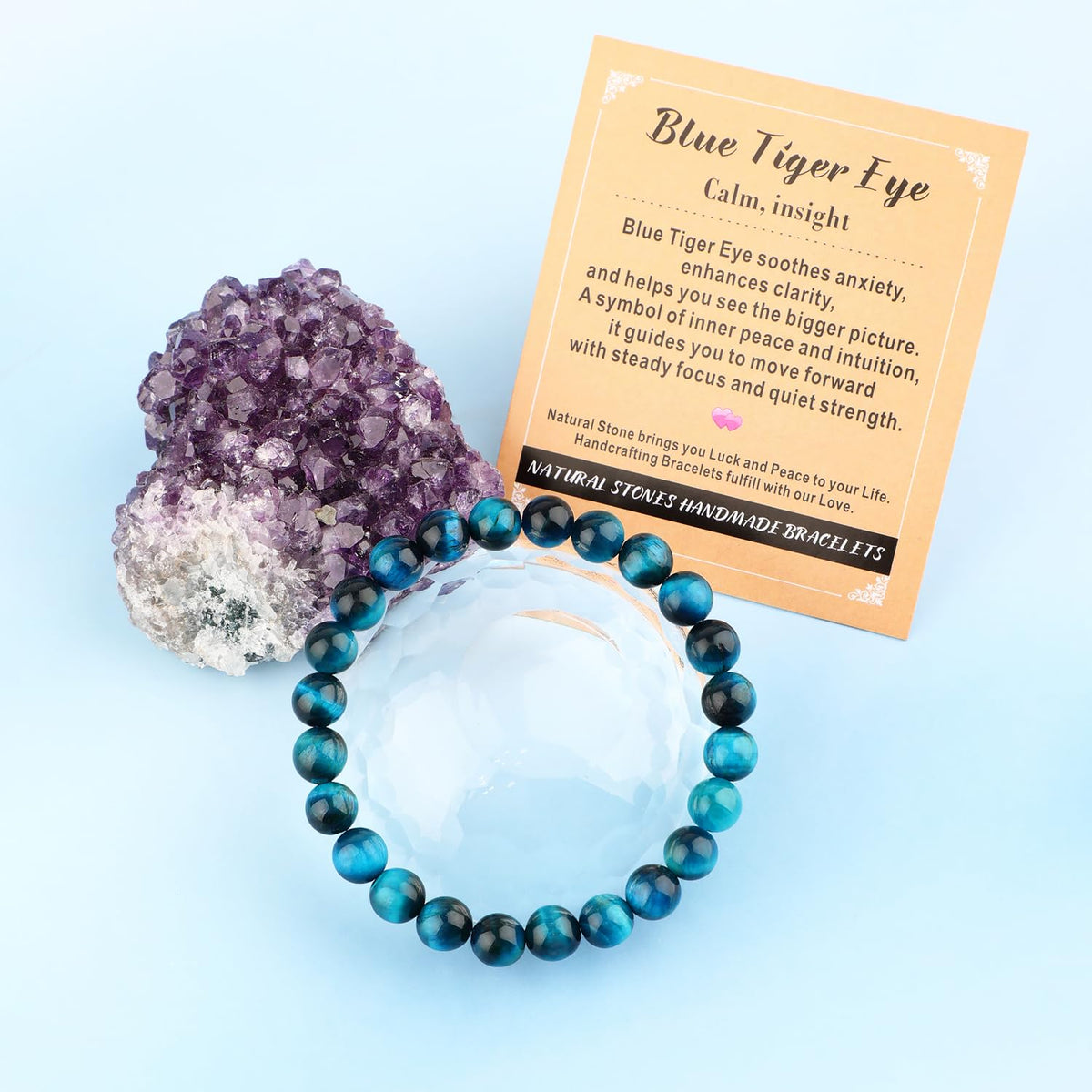 AD Beads 10mm Handmade Blue Tiger Eye Elastic Bracelet – Natural Gemstone for Calm and insight – Meditation, Yoga, Healing and Energy Gift for Men Women