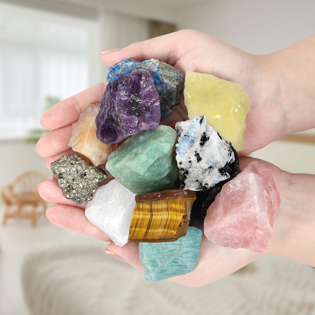 Orientrea 14Pcs Large Natural Rough Crystals and Healing Stones with Cone Incense & Guide – Raw Healing Crystals, Chakra Crystal Set for Tumbling, Decoration, Wire Wrapping, Wicca, Reiki, Meditation
