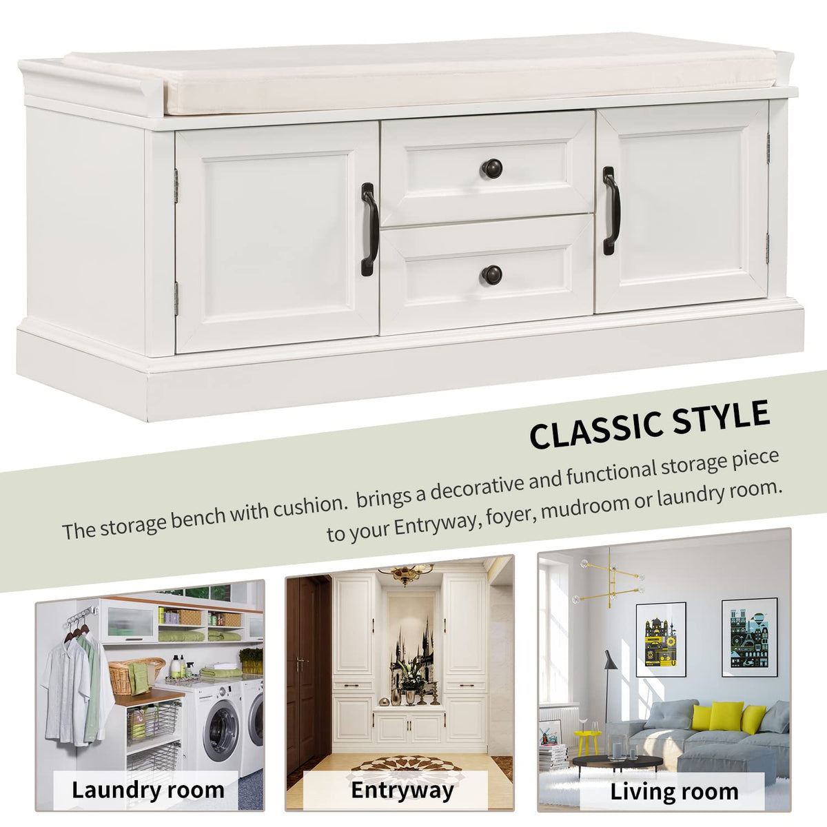 Merax Modern Wood Storage Bench with 2 Drawers and 2 Cabinets for Living Room Bed Room Entryway White