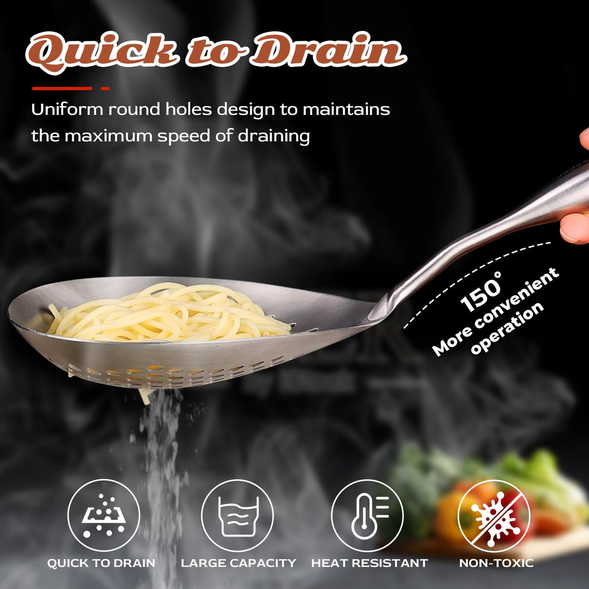 MARTE 16.5in 304 Stainless Steel Skimmer Slotted Spoon - Pasta Spider Strainer Ladle for Cooking and Frying - Kitchen Metal Scoop Colander With Heat Resistant Wooden Handle