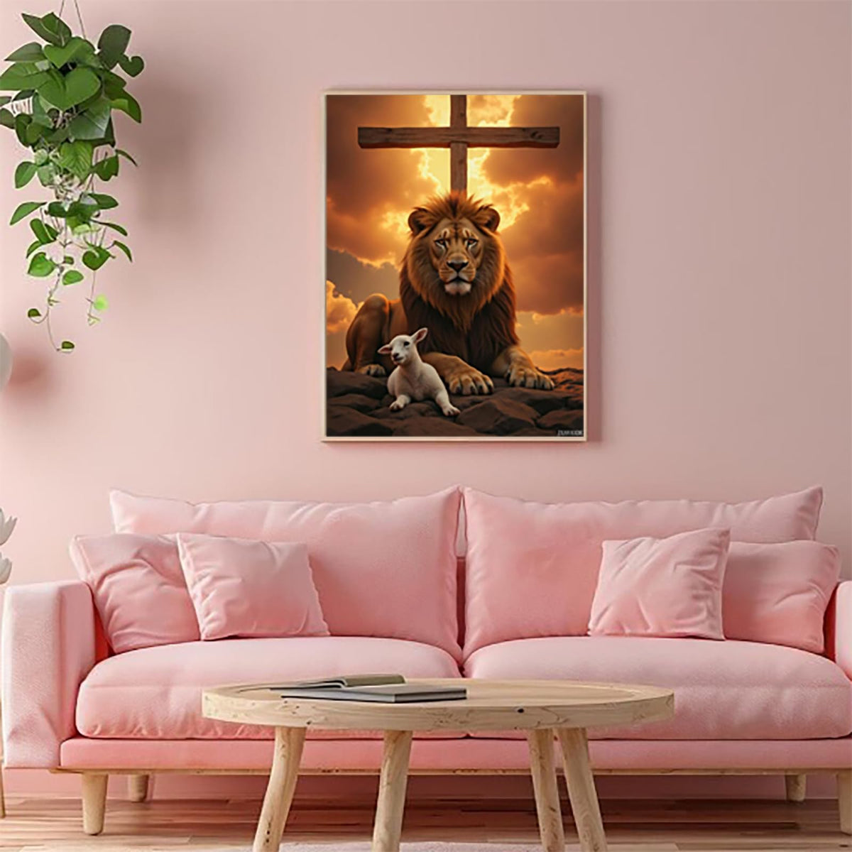 JXAVAXDE Diamond Painting (Frameless) Lion Lamb Sunset Clouds Cross Full Drill Diamond Art Kits Corlorful Diamond Painting Kits for Adults for Home Wall Decor 12x16in