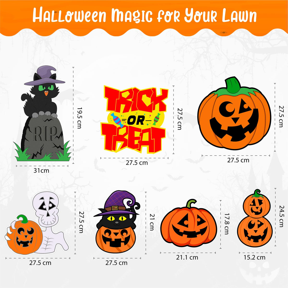 Halloween Pumpkin Decorations, Halloween Outdoor Yard Signs, Monster Stakes for Lawn Garden Decor with Pumpkin, Black Cat, Skull, TRICK OR TREAT 6 pcs