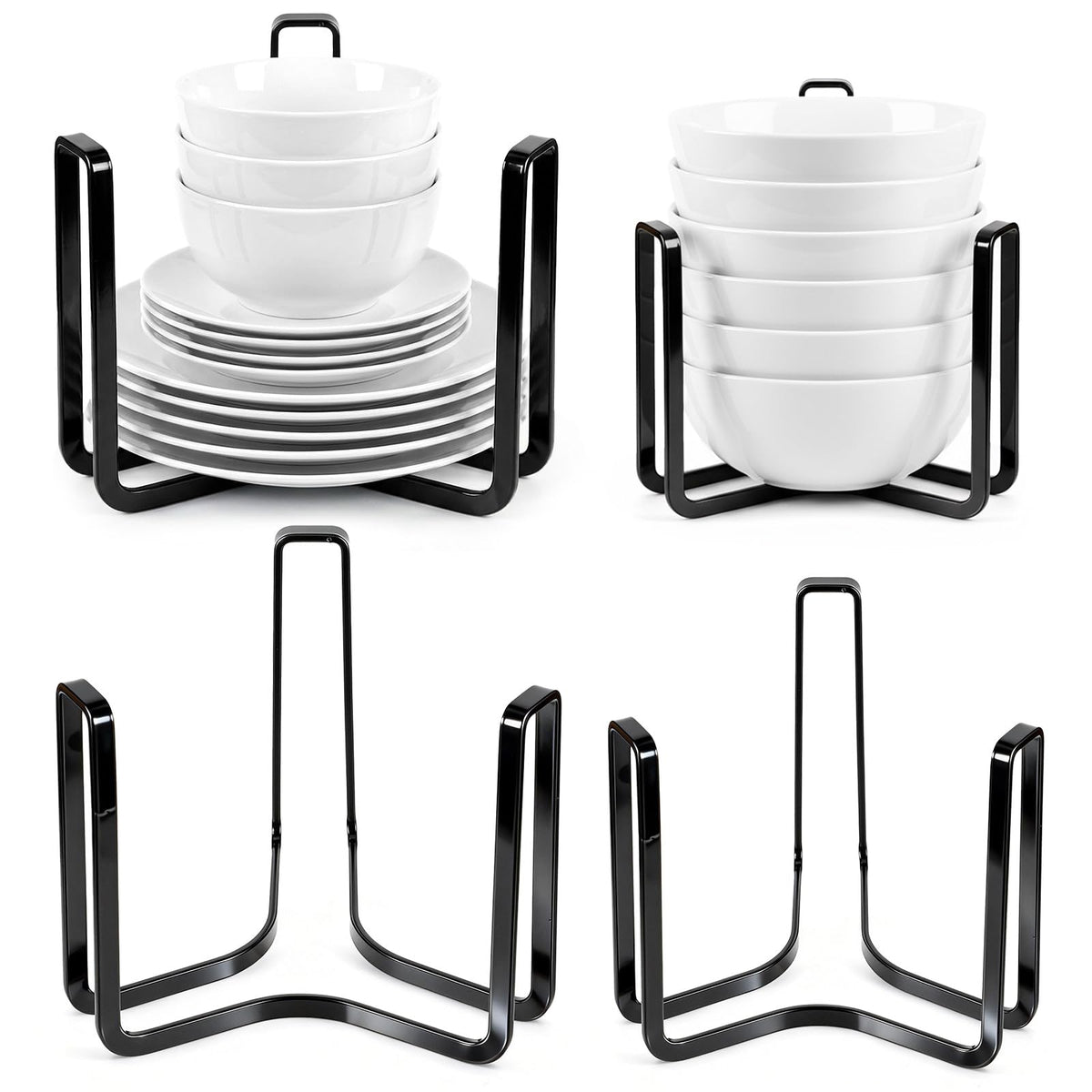 AOZUO 4 Pcs Dinnerware Bowl Plate Holder Fit for 4.7 and 6.5 Inches Diameters Bowl, Metal Bowls Storage Dying Display Rack Bowls Holder Organizer for Kitchen Drawer Countertop Cabinet Cupboard Shelf