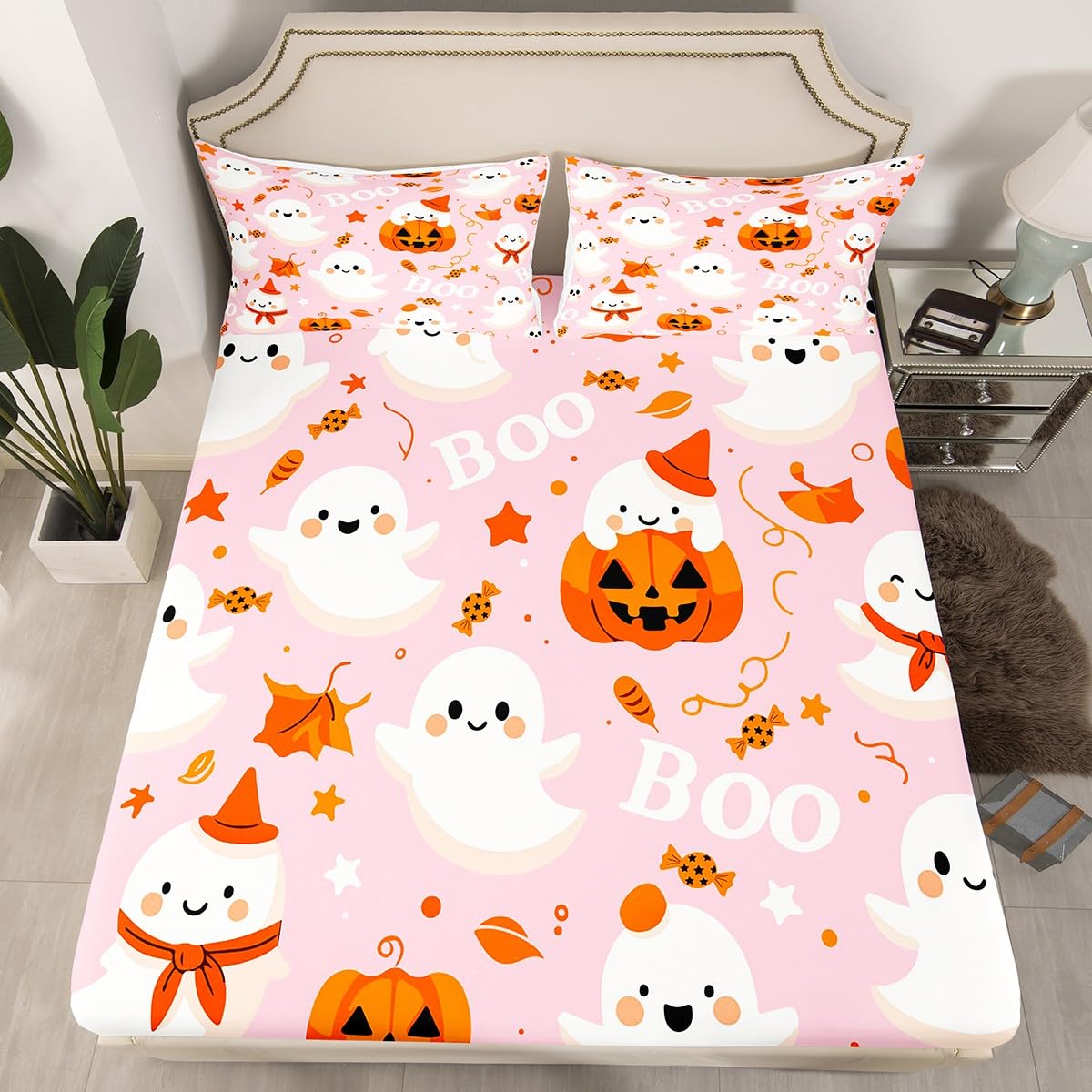 Feelyou Pink Halloween Fitted Sheet Cartoon Pumpkin Lantern Ghost Full Size Bedding Set Decoration for Kids Boys Girls Pink Sheets Set Happy Halloween Bed Sheet Set Collection