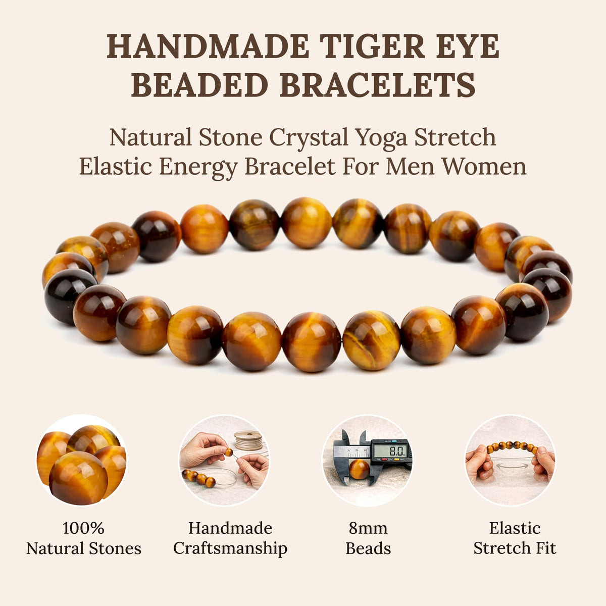 Elm City Direct 8mm Natural Stone Beaded Bracelet – Unisex Crystal Stretch Bracelets for Men & Women, Chakra & Healing Jewelry, Gift-Ready Beaded Bracelets (Tigers Eye, 8mm)