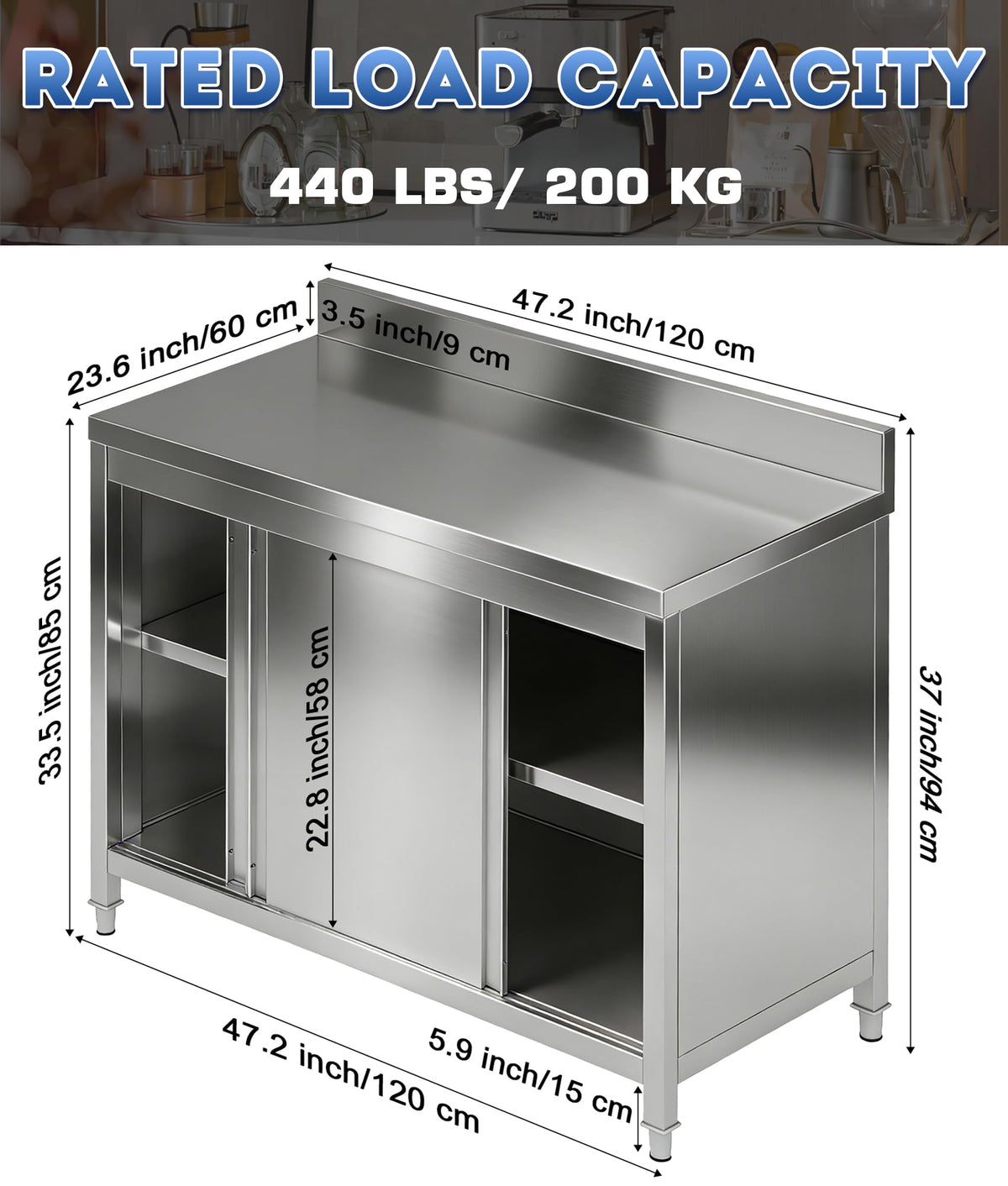 Zumic Stainless Steel Table, Metal Worktable with 2 Shelves, Kitchen Chefs Work Prep Table with Sliding Door, Mesa de Acero Inoxidable for Restaurant, Home, Garage, Laundry