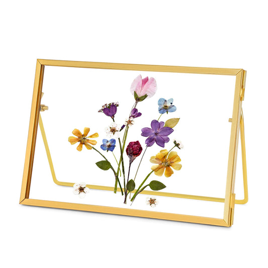REDHUGO Glass Pressed Flower Frame Handmade, Glass Floating Picture Frames Tabletop Brass Photo Frame for DIY Dried Flowers Home Plant Specimen, Rectangle Horizontal 4×6 inches,Gold (FRAME ONLY)