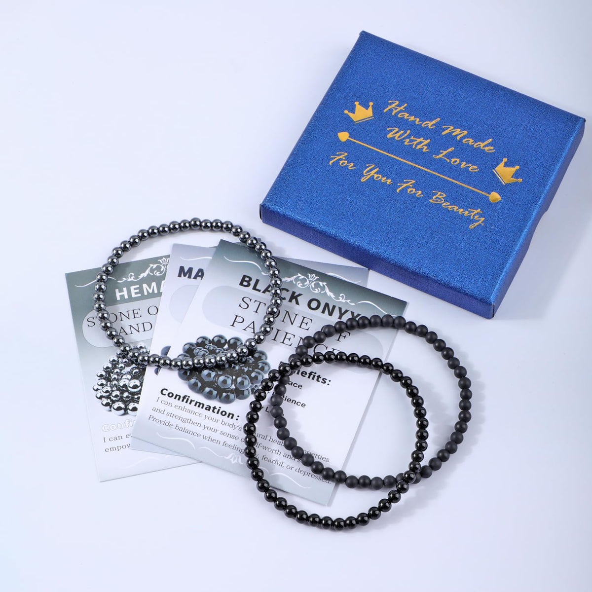 NCB 3-Piece 4mm Natural Crystal Gemstone Stretch Bracelets – ﻿Black Onyx, Hematite, Matte Black Agate Handmade Reiki Energy Healing Jewelry for Meditation,Yoga, Unisex