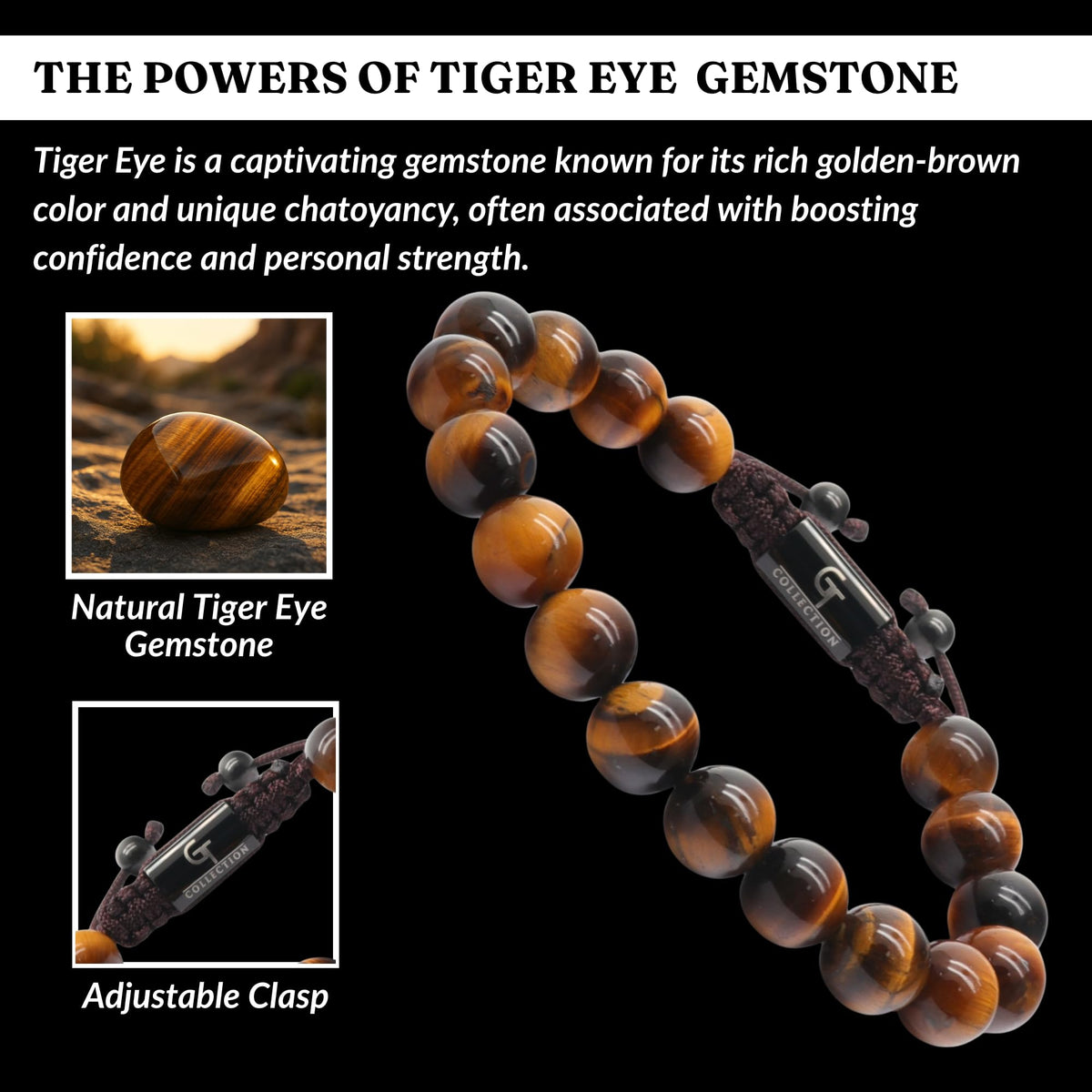 GT collection Brown Tiger Eye Bracelet for Men, Adjustable Beaded Bracelet - Gemstone Energy Bracelet for Focus and Clarity, Handcrafted Men's Jewelry Gifts for Men