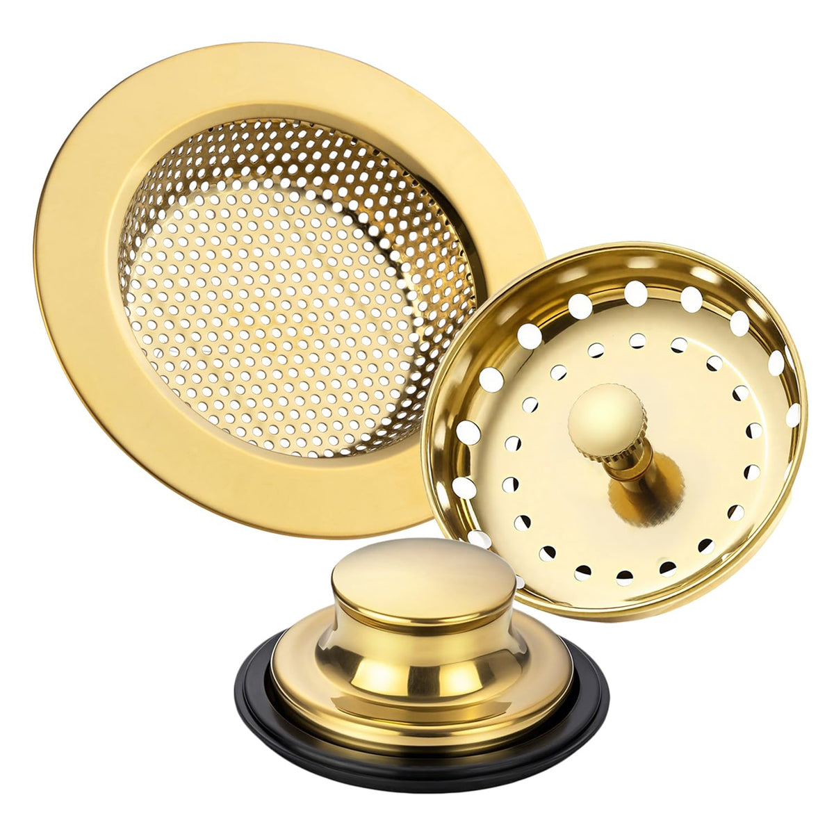 RQYEKDO 3-Pack Kitchen Sink Drain Strainer Stopper Set, Universal Anti-Clogging Stainless Steel Garbage Disposal Plug with Handle, Perforated Basket Filter Sieve for Standard 3.5" Drains (Gold)