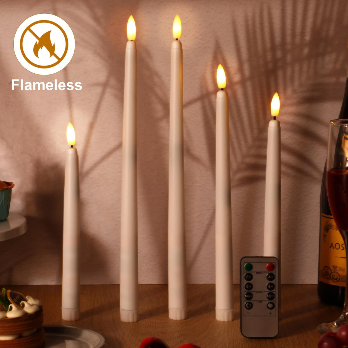 Rossesay 28 Pcs Flameless Taper Candles with Timer Remote 4 Sizes of 8.5", 9.6", 10.83", 12.8" LED Flickering Taper Candles Battery Operated for Valentine's Day Church Wedding Home Decor(White)