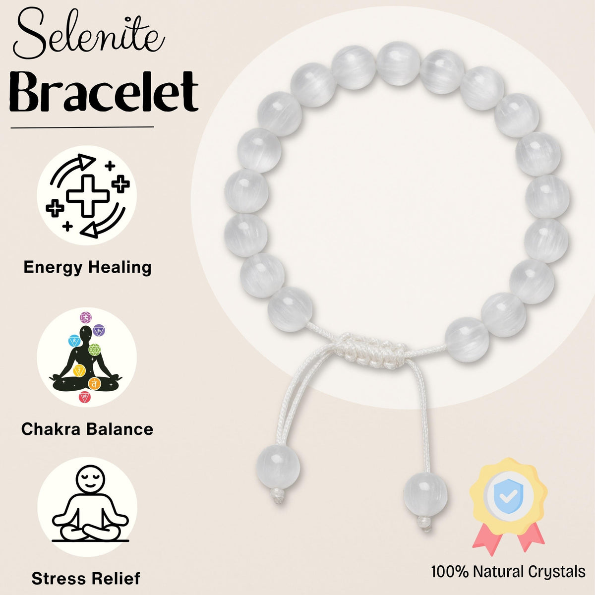 Amazing Gemstone Selenite Bracelet, Gifts For Men & Women - Protection Healing Crystal Bracelet - 8mm Gemstone Beaded Adjustable Bracelet, Pulseras Para Hombres Mujer Stocking Stuffers
