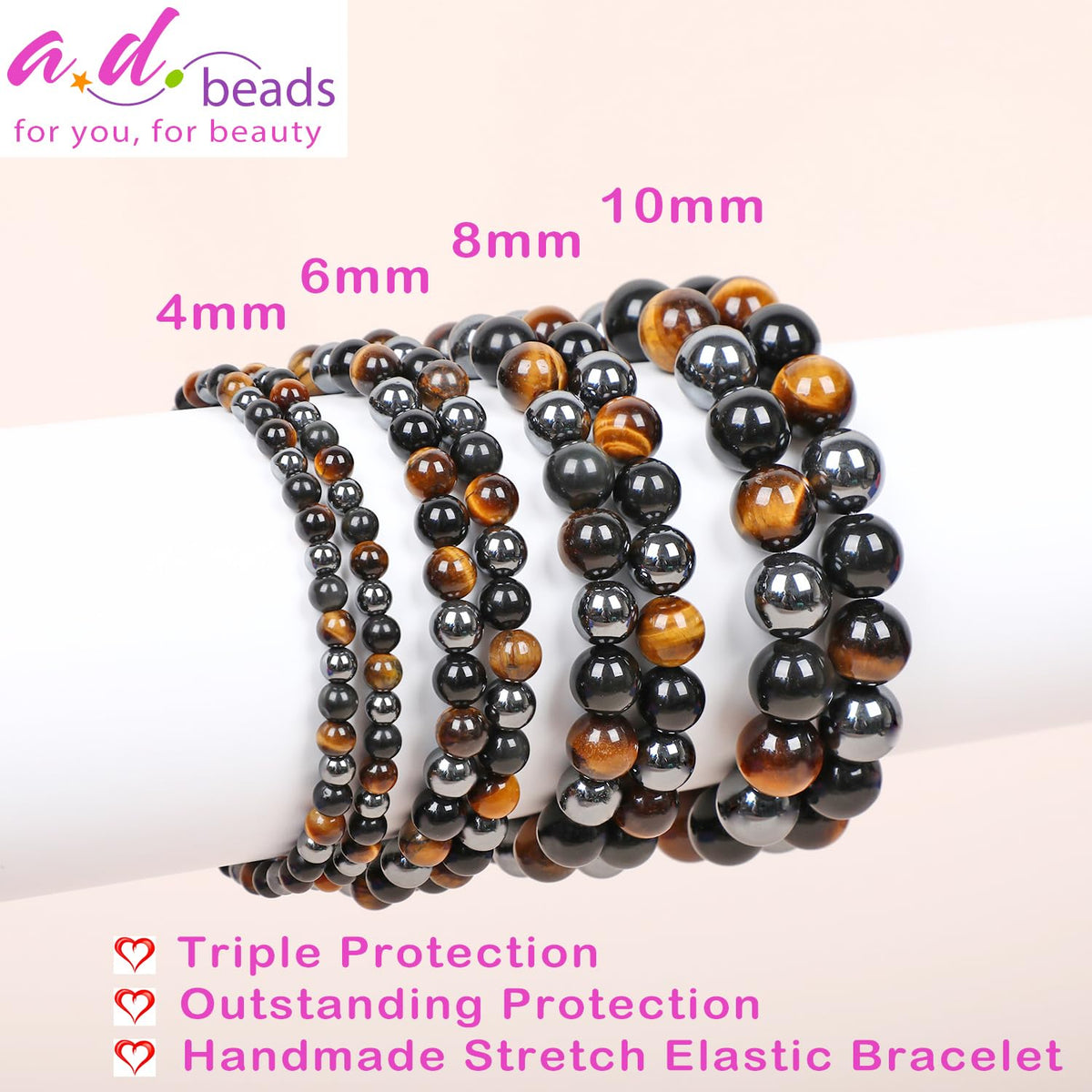 AD Beads Handmade Gemstone Stretch Elastic Bracelet Crystal Healing Reiki Nature's Beauty and Spiritual Essence Unisex (6mm, Triple Protection (Strong Protect))