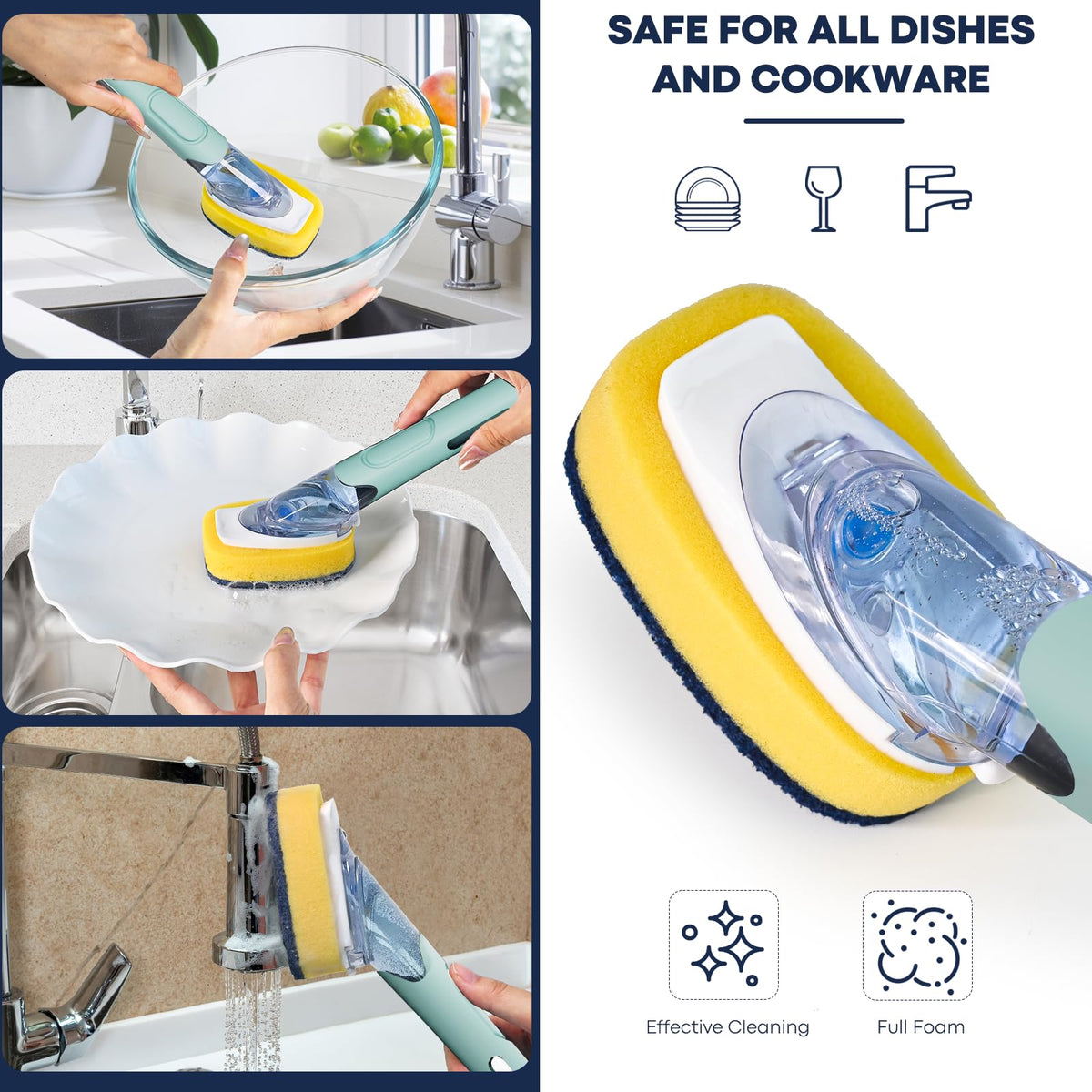 Dish Brush with Soap Dispenser Storage Set with 2 PCS Sponge Refills & Holder, Soap Dispensing Dish Brushes, Sponge with Soap Dispenser Handle, Dish Sponges with Handle for Dishes Pans Pots Sink