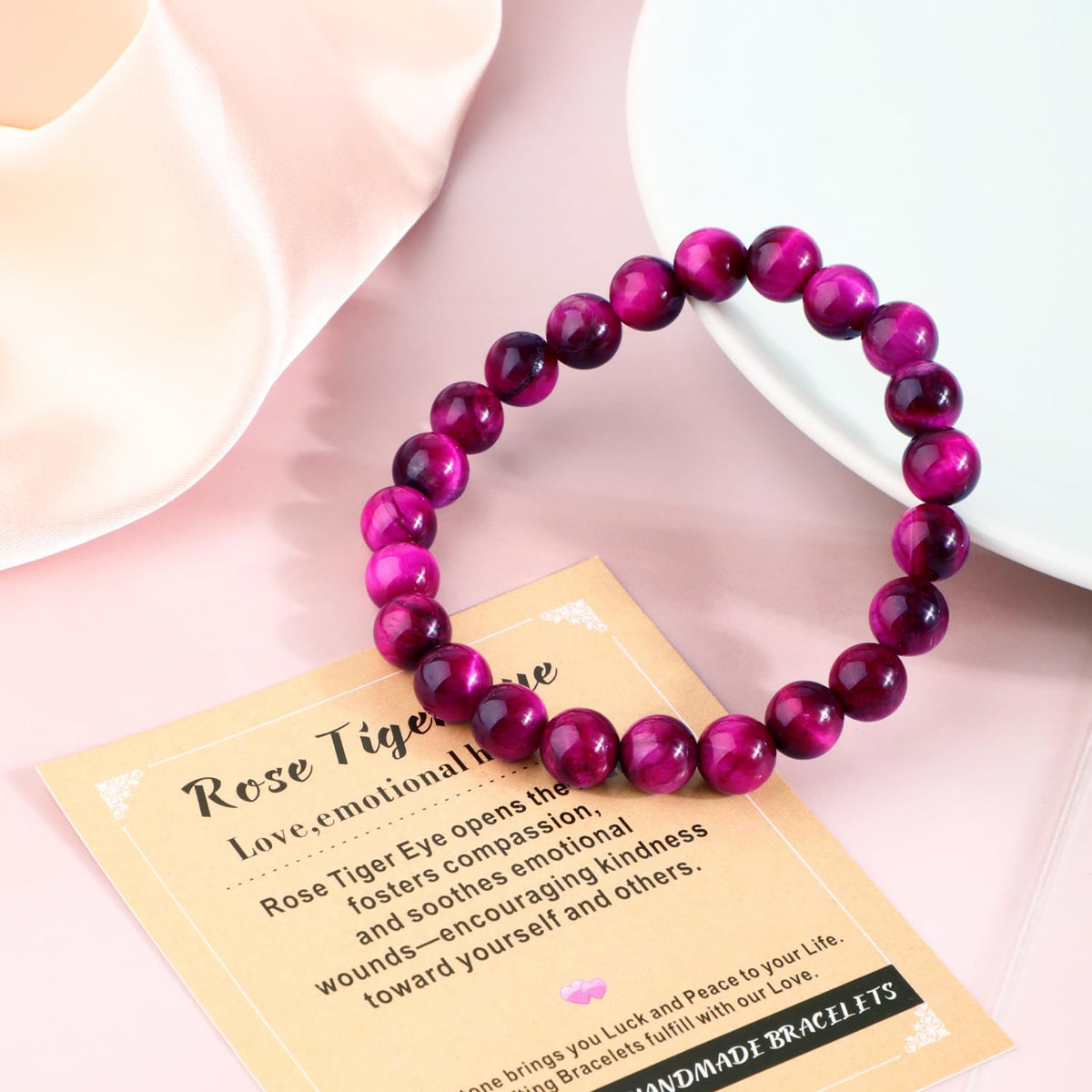 AD Beads 6mm Handmade Rose Tiger Eye Elastic Bracelet – Natural Gemstone for Love,emotional healing. – Meditation, Yoga, Healing and Energy Gift for Men Women