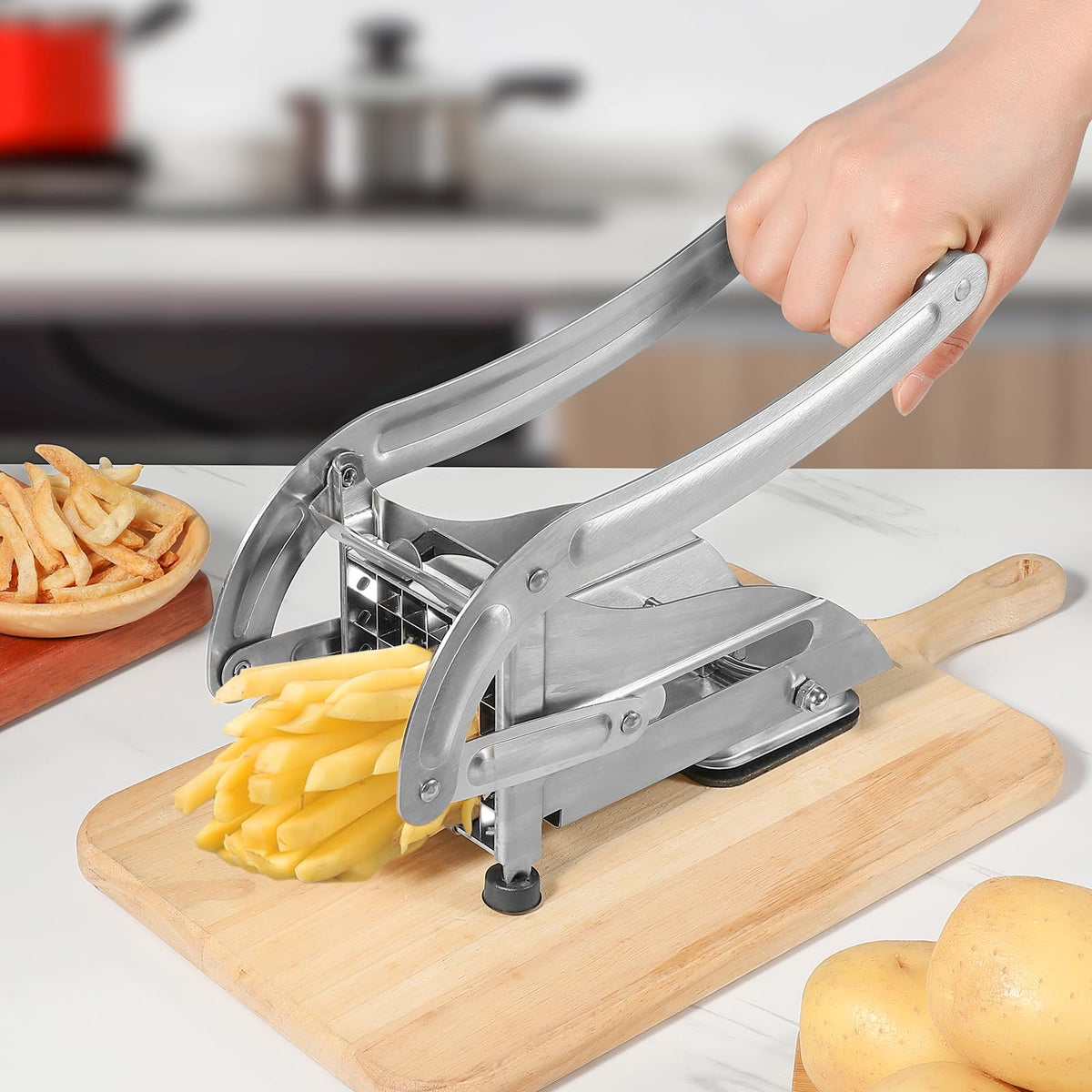 REDANT Professional French Fry Cutter - Stainless Steel Potato Slicer with 2 Blades (1/2 and 1/3 Inch) and Non-Slip Suction Feet for Homemade French Fries, Chips & Sweet Potatoes (Silver, 1PCS)
