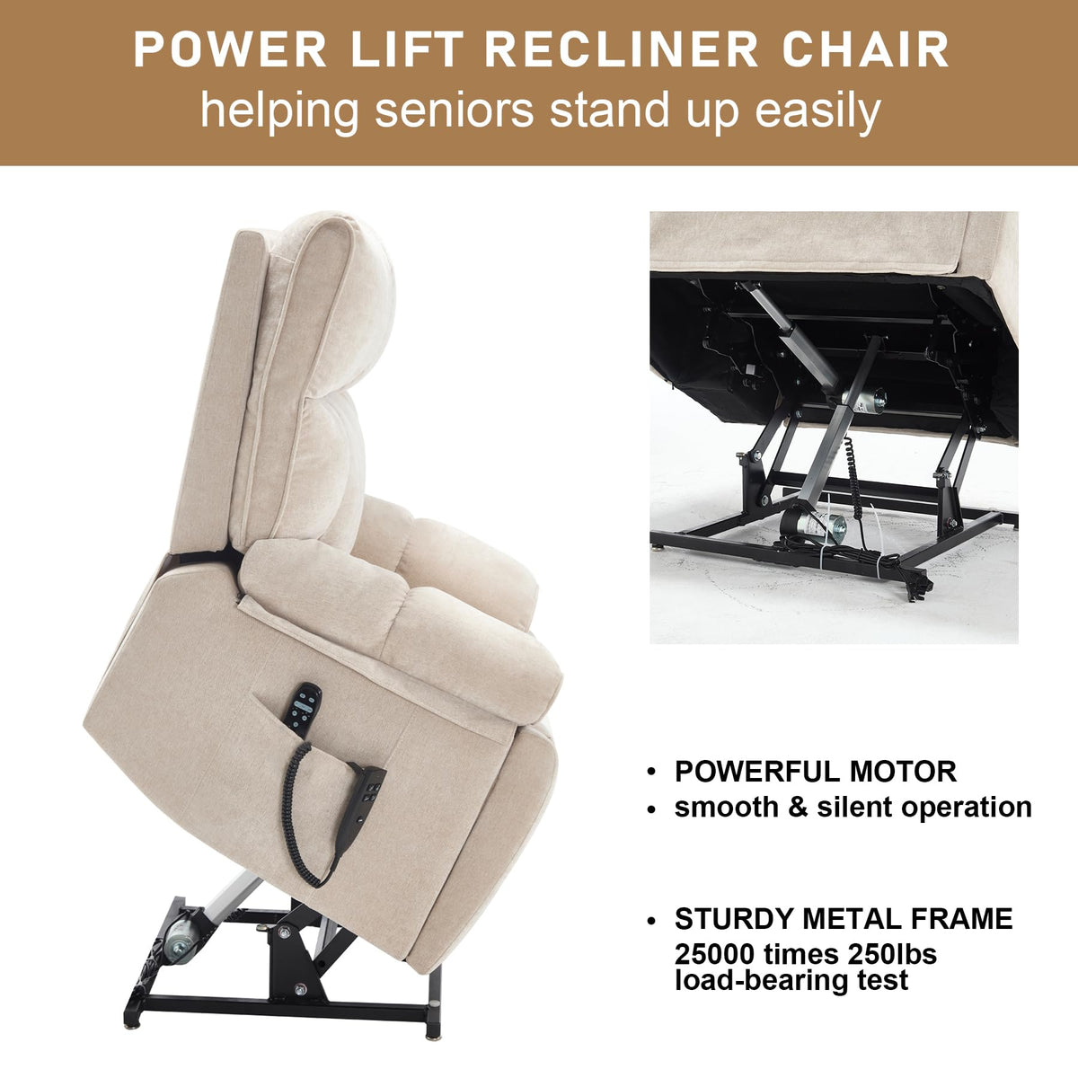 RHHVVR Oversized Power Lift Recliner Chair for Adults, Large Electric Lift Recliners with Massage Heating, Medium-Firm Electric Lay Flat Reclining Chair Sofa for Living Room, Chenille Beige