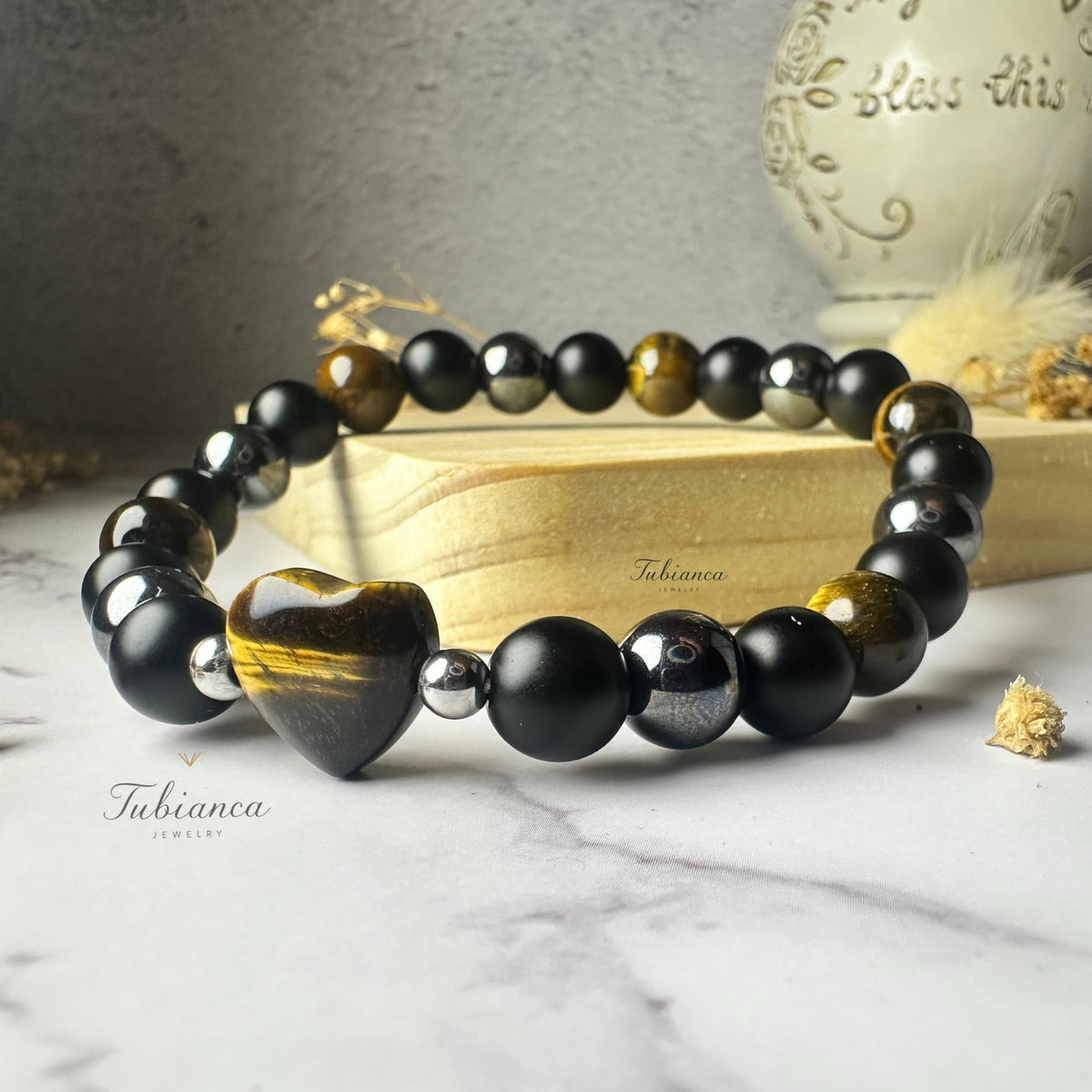 TUBIANCA Triple Protection Bracelet – Tiger Eye, Hematite & Black Onyx Crystal for Energy Shield, Confidence, Grounding & Spiritual Balance – Handmade Unisex Healing Jewelry