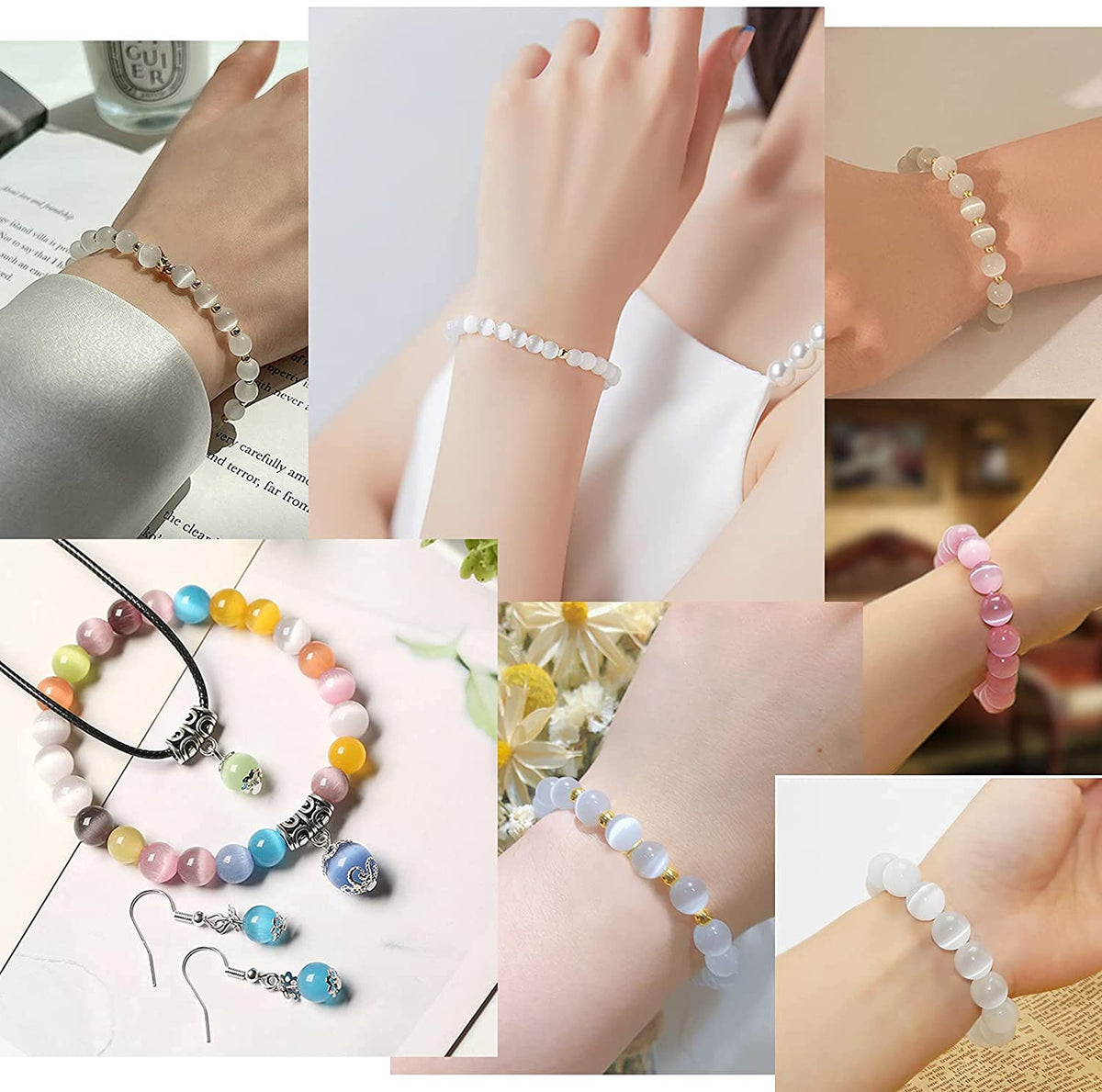 HAAMIIQII 8mm Mint Green Cat Eye Glass Round Crystal Stone Loose Gemstone Beads for Jewelry Making Bracelets Necklaces Earrings Crafts (45-50pcs)