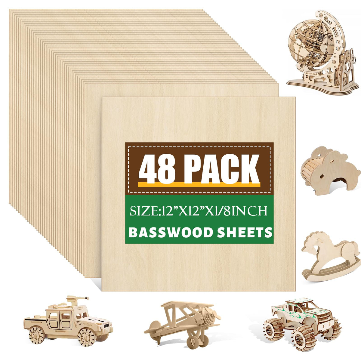 48 Pack Basswood Sheets 1/8x12x12 Inch, Unfinished Wood for Crafts, 3mm Basswood for Laser Cutting & Engraving, Wood Burning, Architectural Models, Plywood Board for Painting.