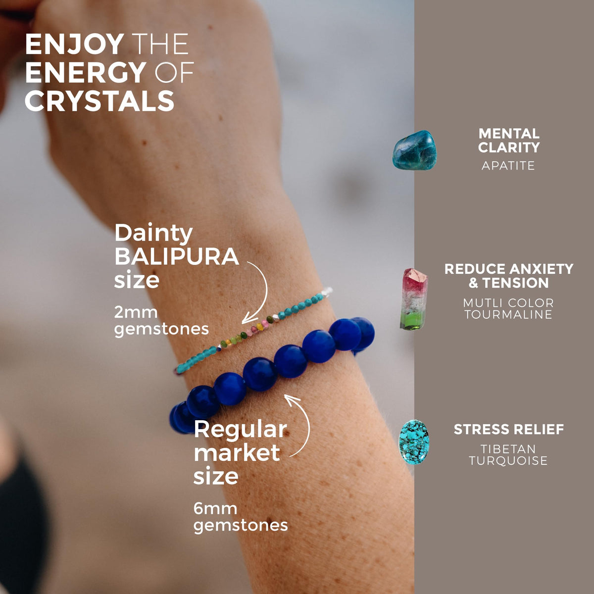 BALIPURA - Clear Mind Aura Bracelet Gift for Women (2mm Small Beads) - Beaded Crystals Apatite, Color Tourmaline and Turquoise, 925 Solid Silver Spacer - Precious Gemstones Healing Crystal